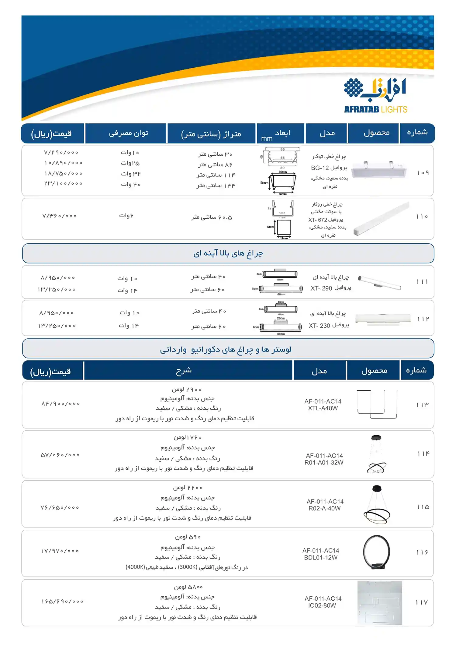 Efratab product price list January 1404 11