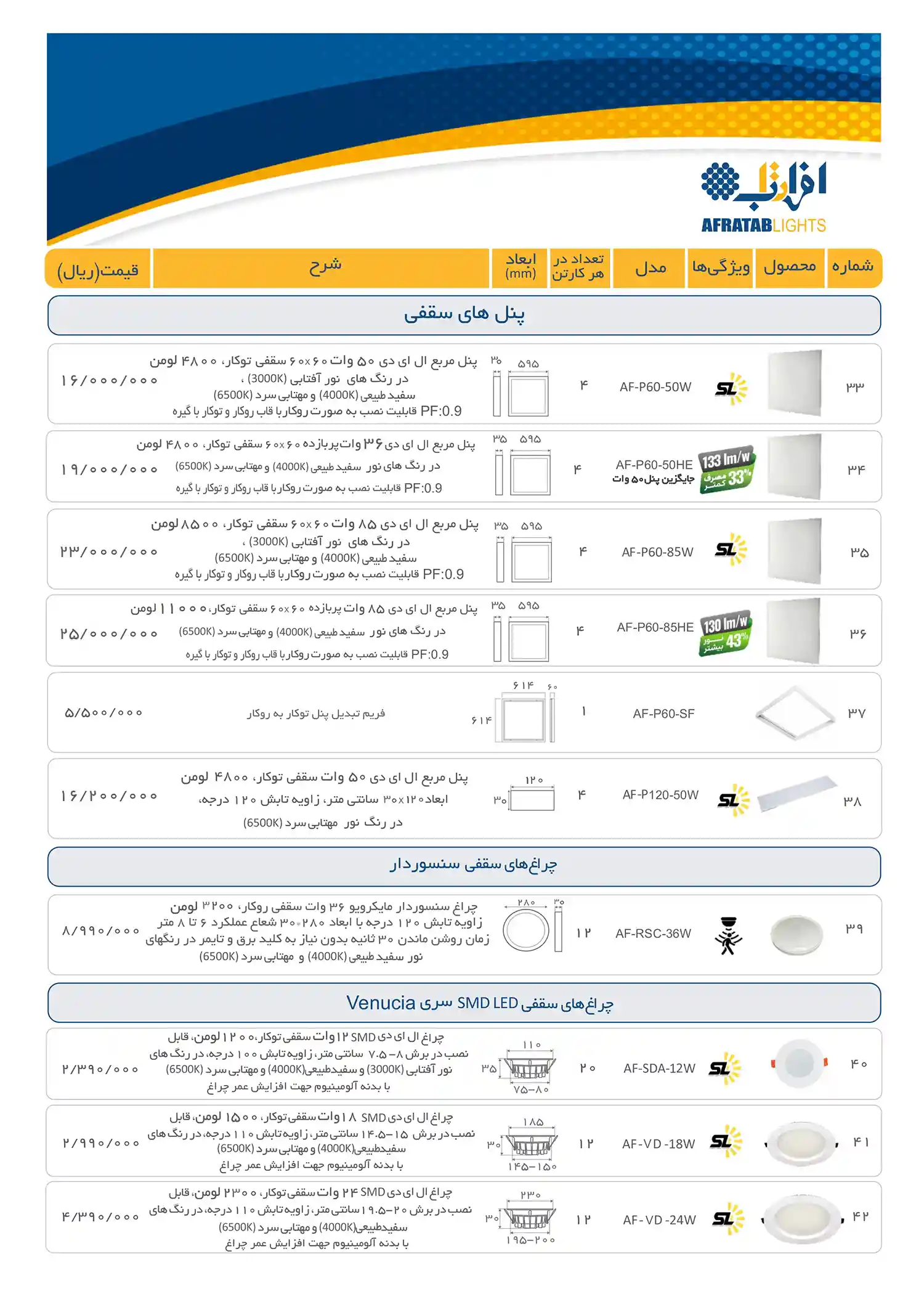 Efratab product price list January 1404 3