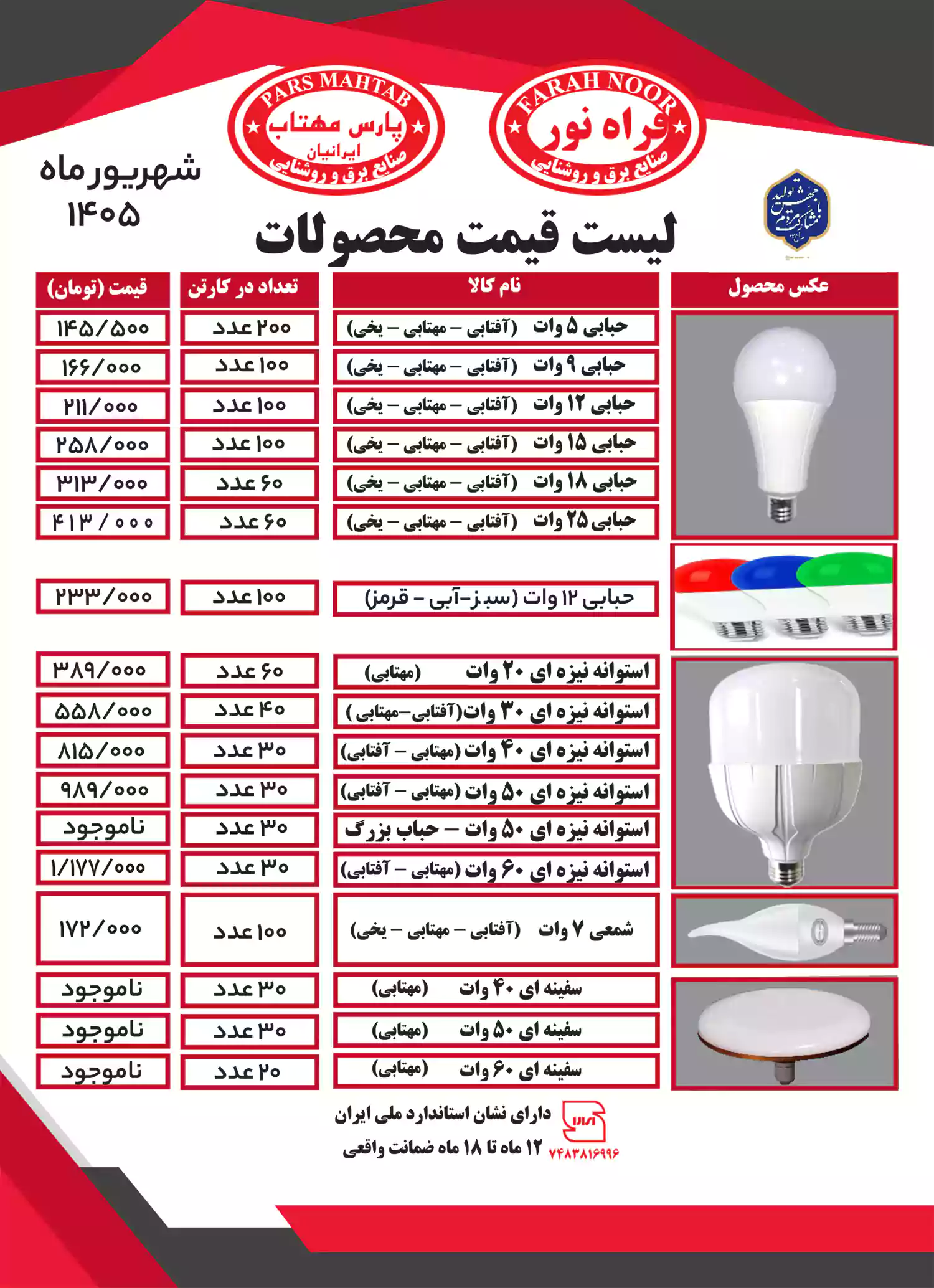 لیست قیمت فراه نور شهریور 1405