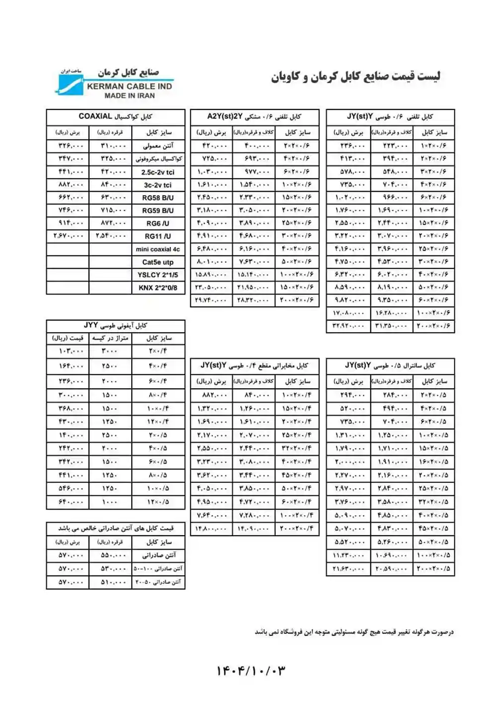 لیست قیمت کرمان و کاویان - دی ماه