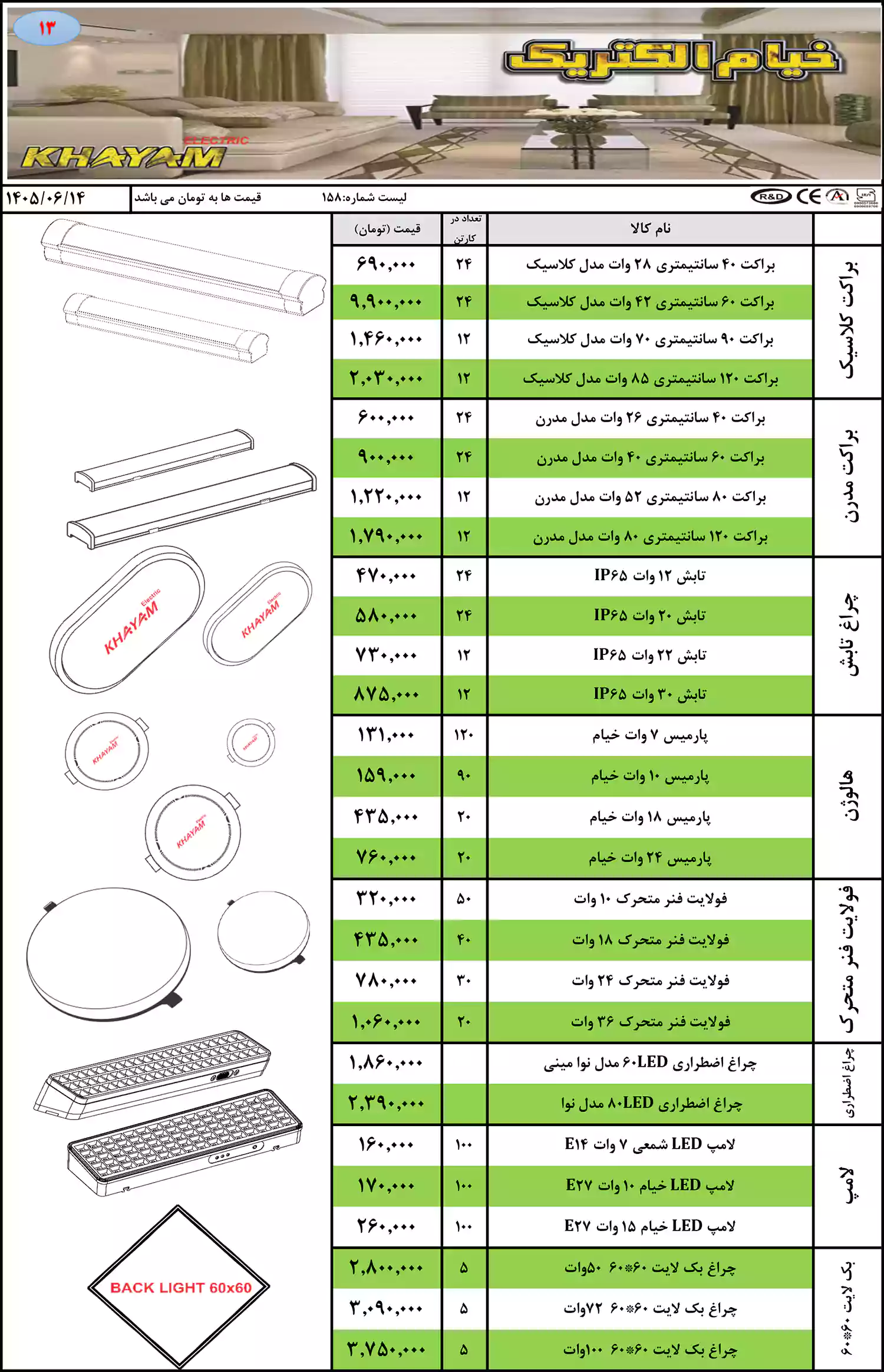 لیست قیمت محصولات خیام الکتریک