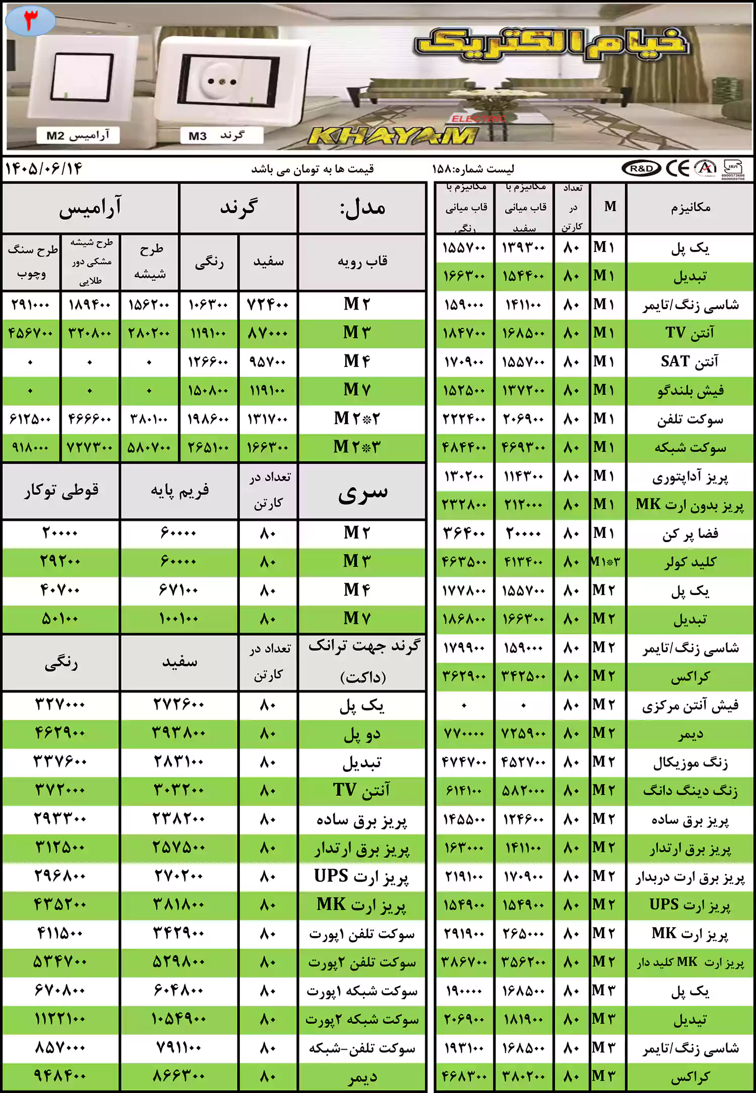 لیست قیمت محصولات خیام الکتریک