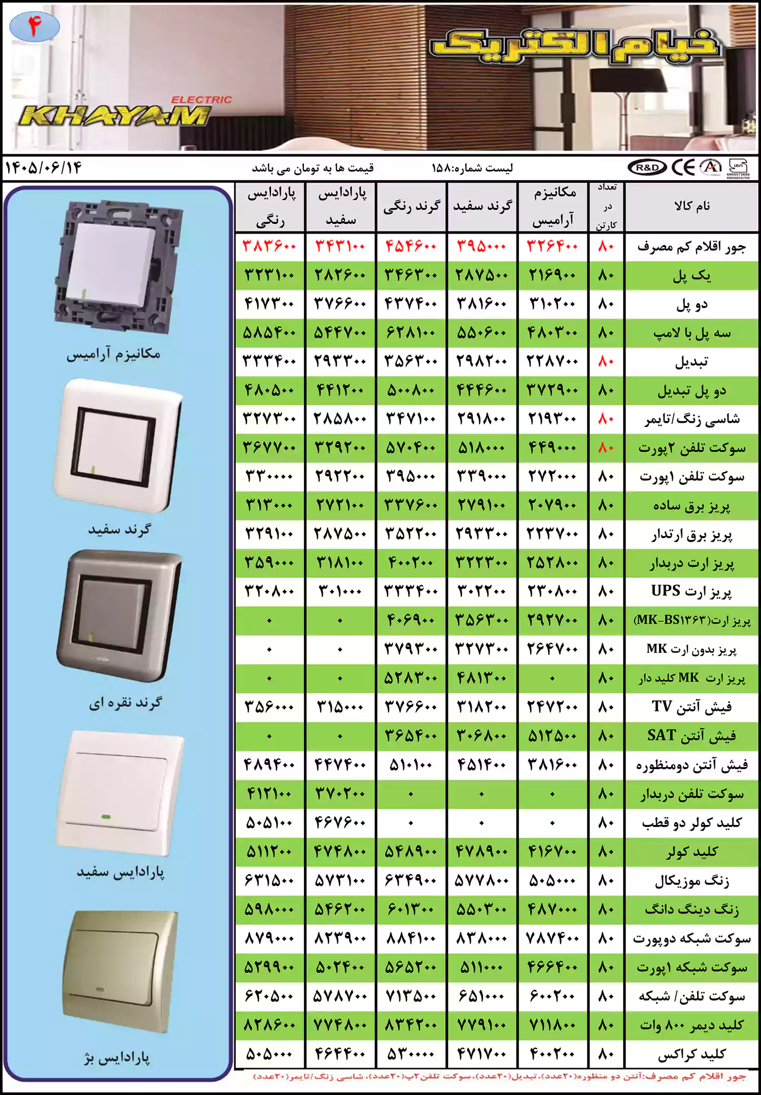 لیست قیمت محصولات خیام الکتریک