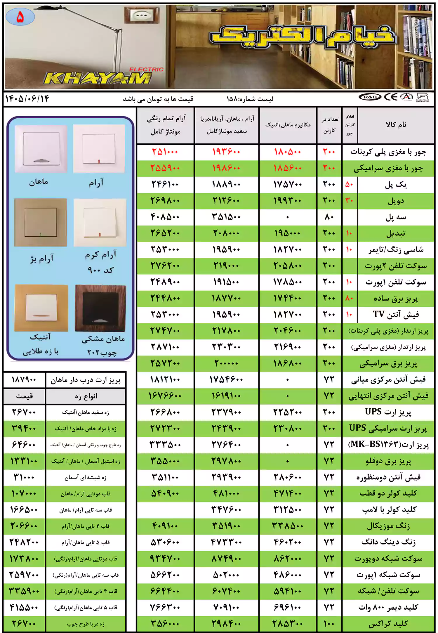 لیست قیمت محصولات خیام الکتریک