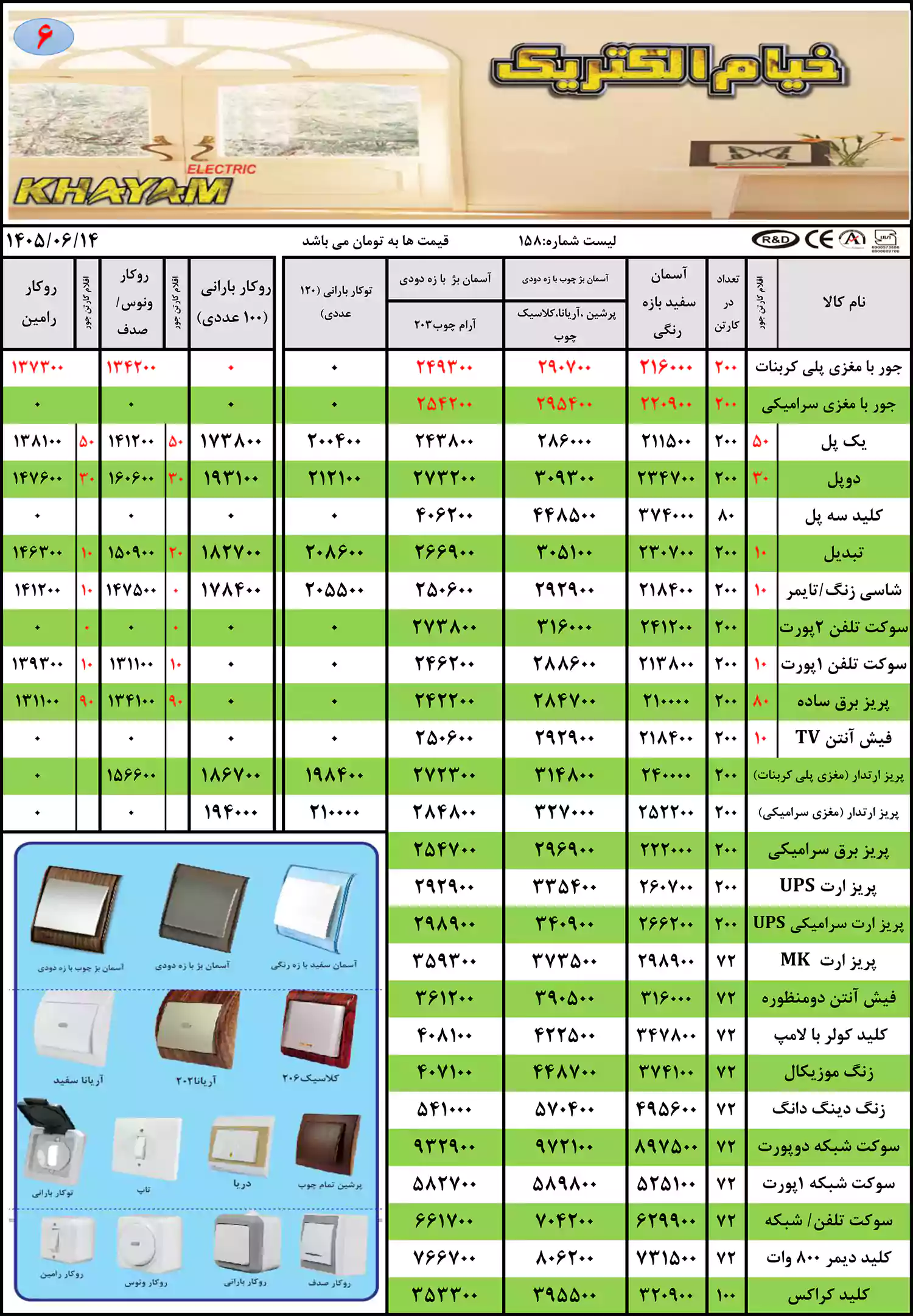 لیست قیمت محصولات خیام الکتریک