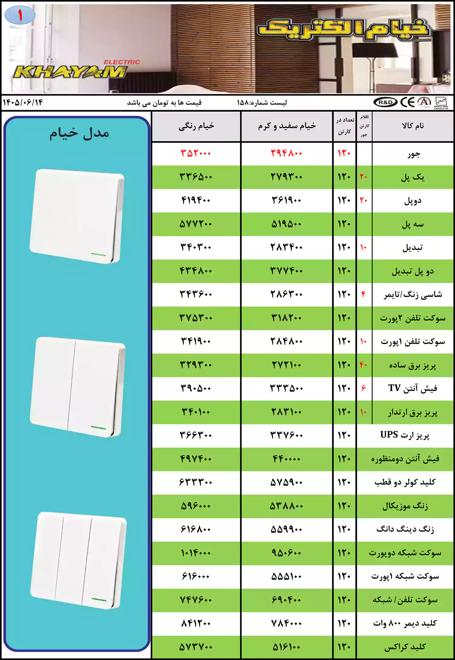 لیست قیمت خیام الکتریک شهریور 1405