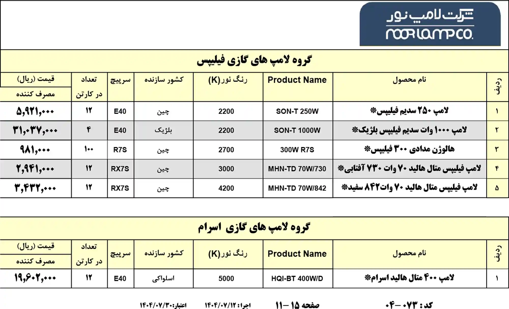 Lamp noor price list 11