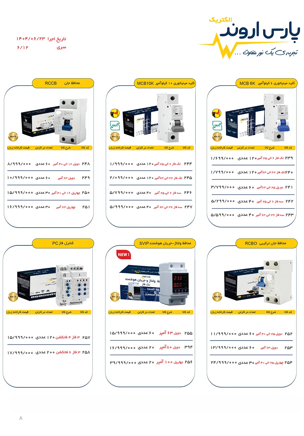 لیست قیمت کلید مینیاتوری پارس اروند الکتریک