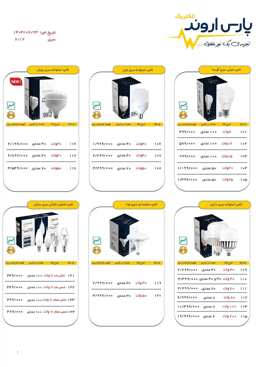 لیست قیمت لامپ پارس اروند