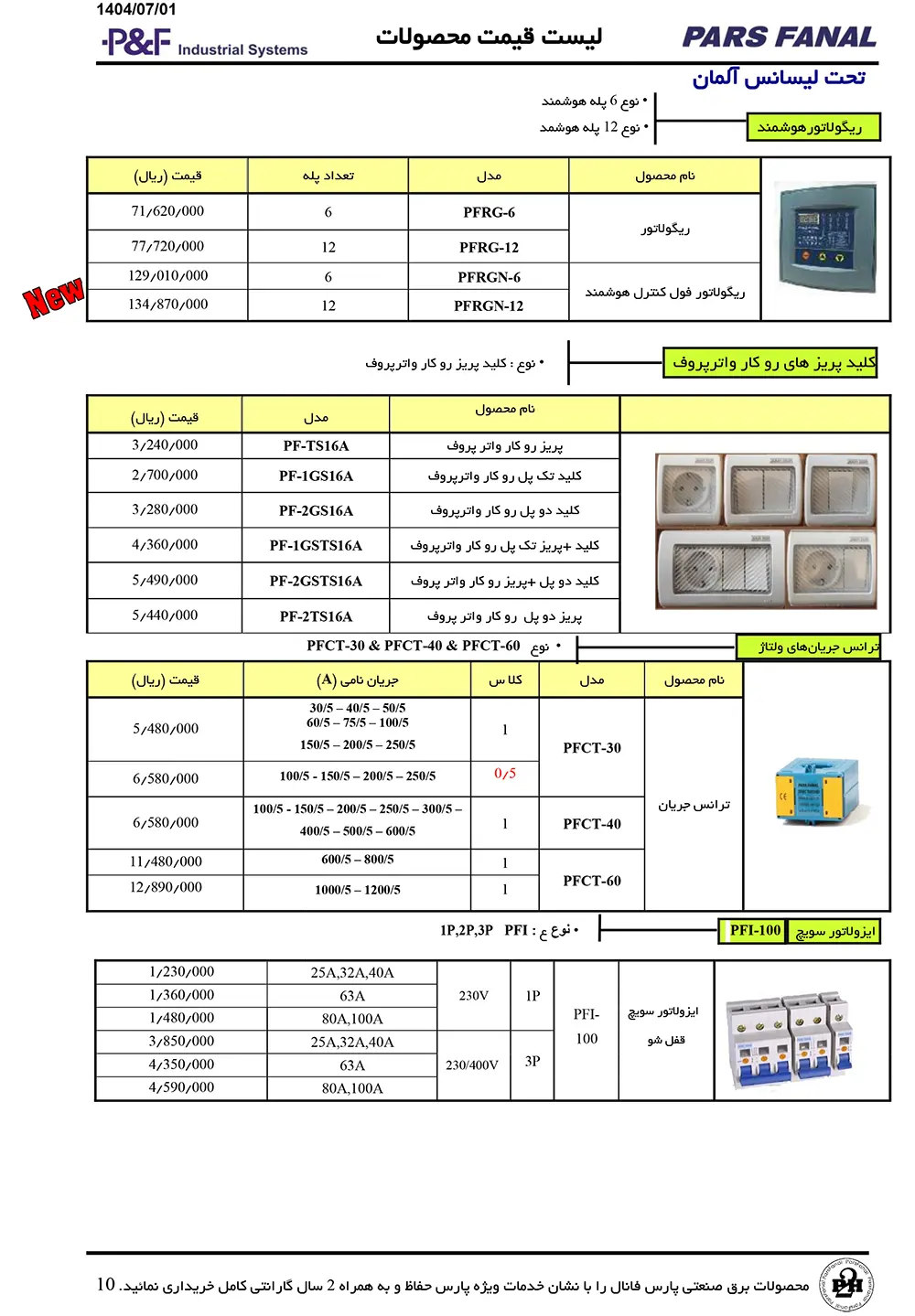 لیست قیمت ترانس جریان پارس فانال
