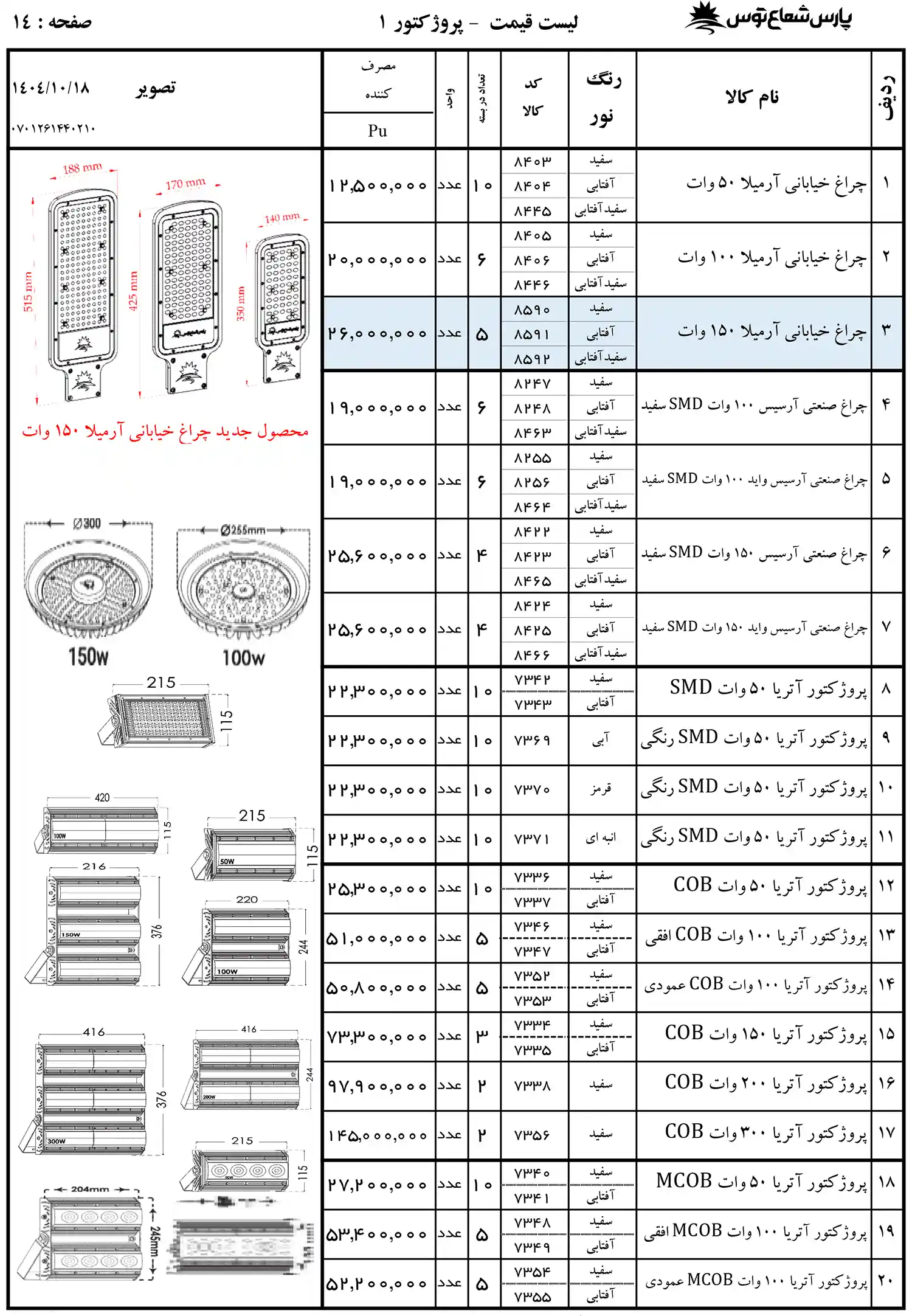 Pars Shoa Toos Price List 18 January 1404 13