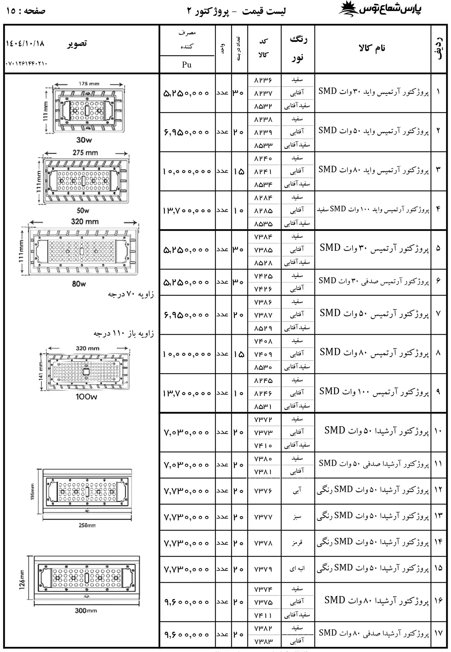 Pars Shoa Toos Price List 18 January 1404 14