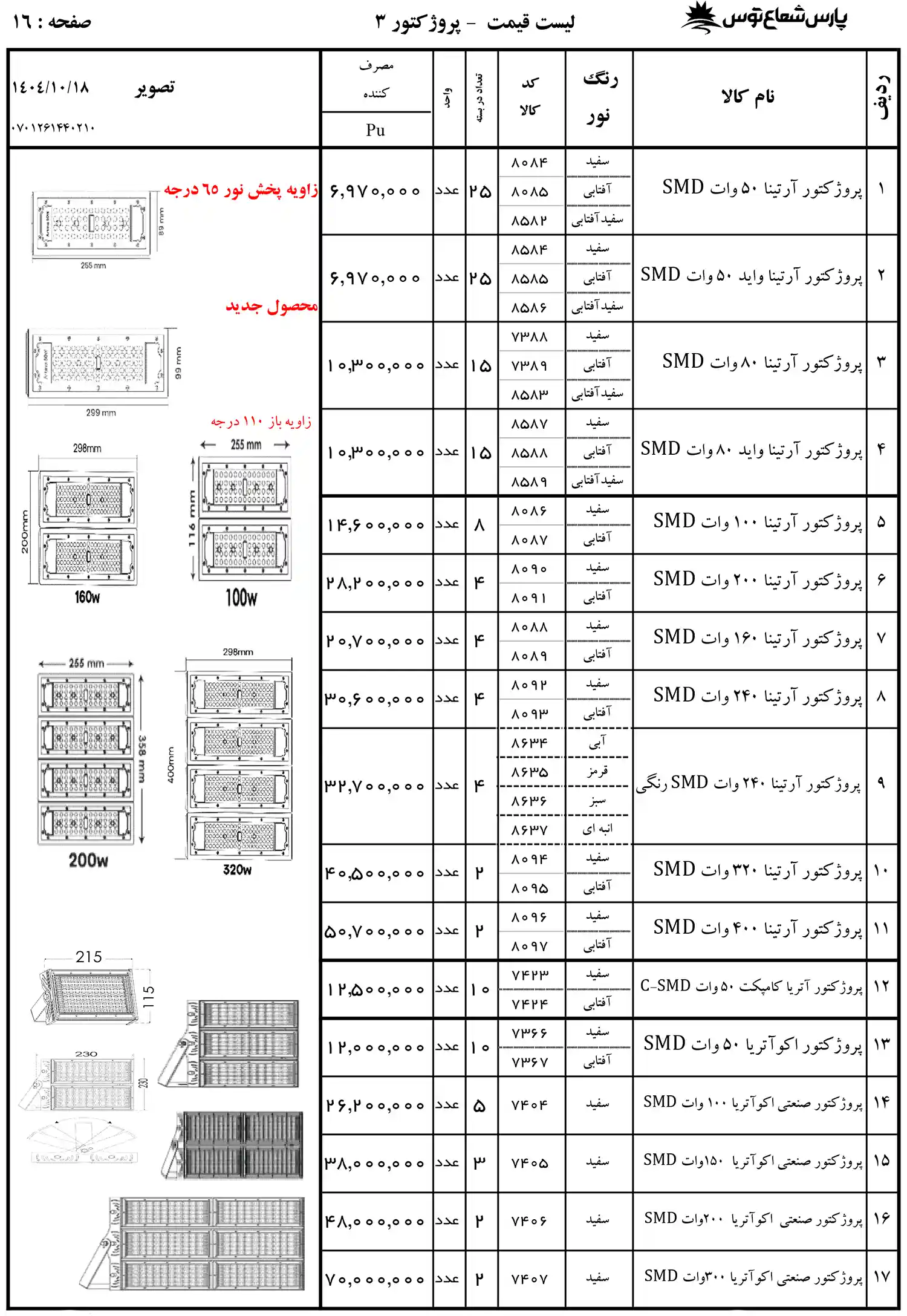 Pars Shoa Toos Price List 18 January 1404 15
