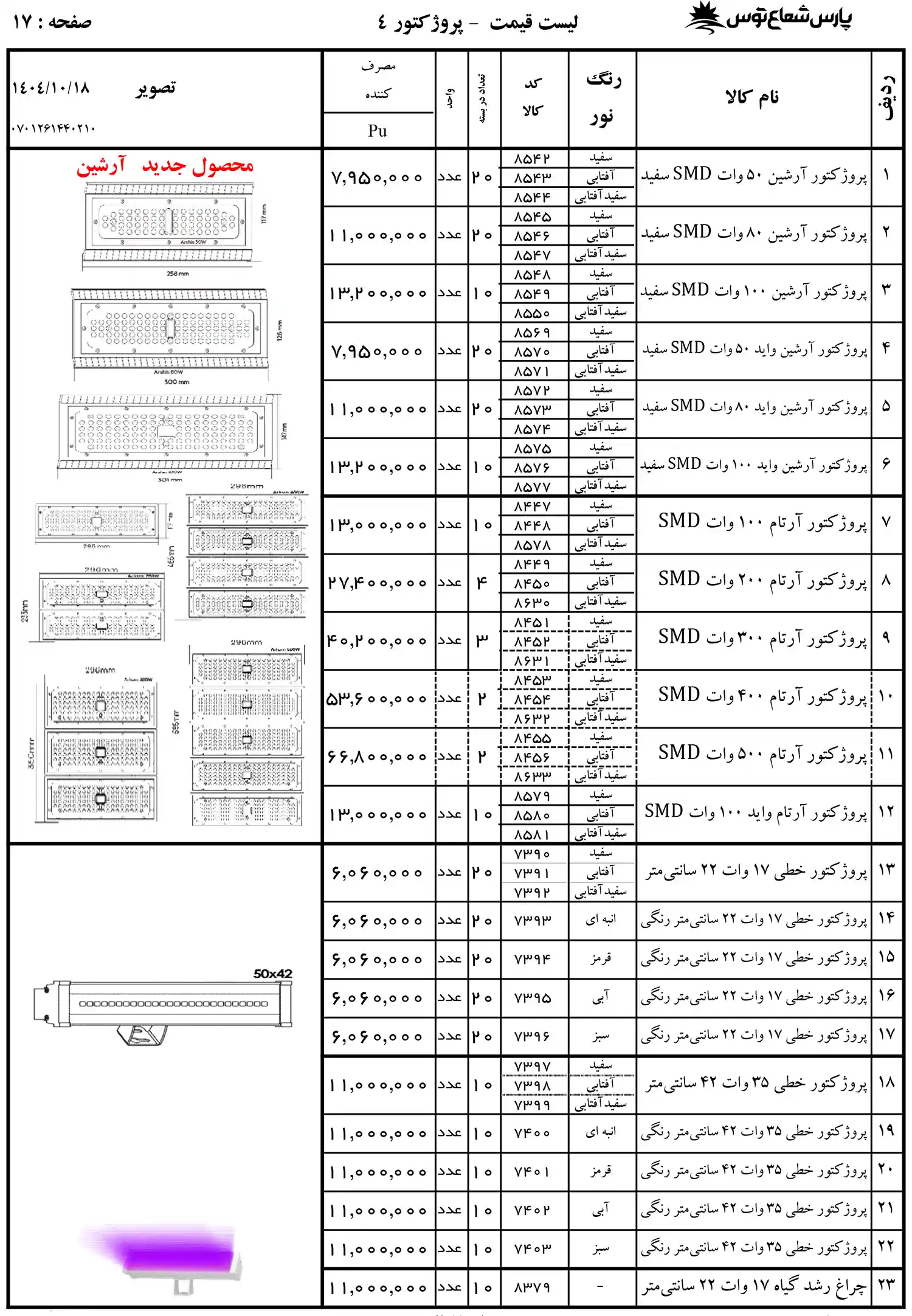 Pars Shoa Toos Price List 18 January 1404 16