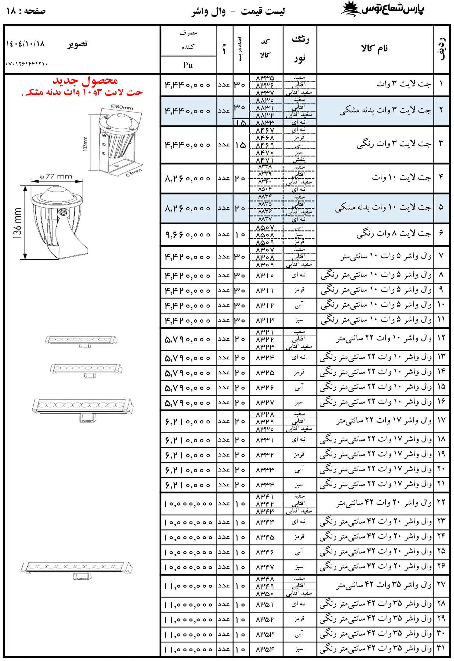 Pars Shoa Toos Price List 18 January 1404 17