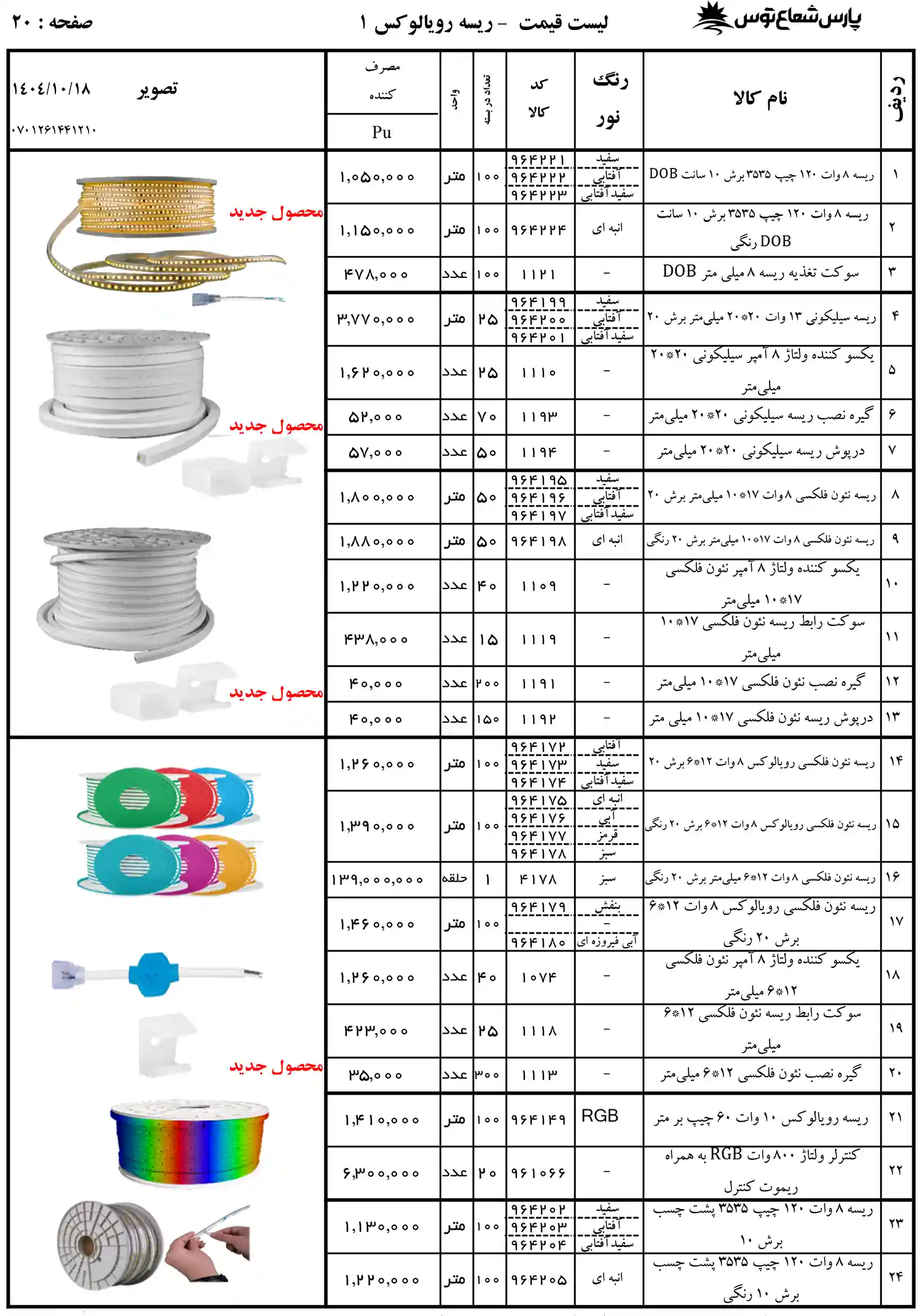 Pars Shoa Toos Price List 18 January 1404 19