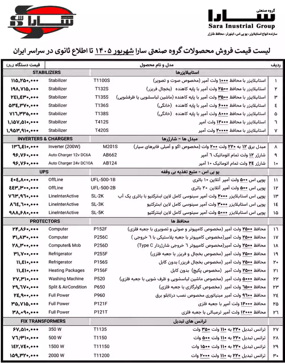 لیست قیمت گروه صنعتی سارا شهریور 1405