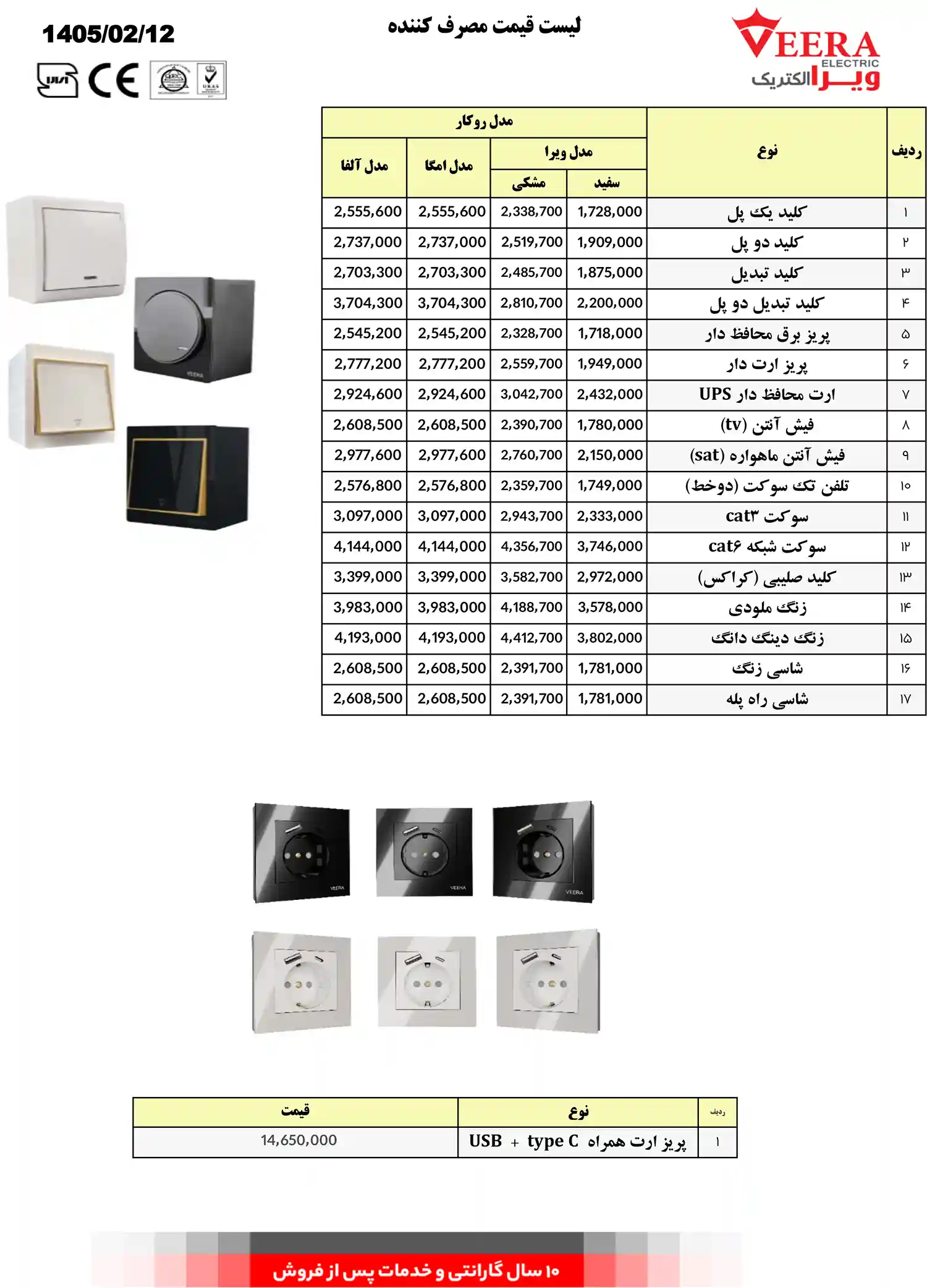 لیست قیمت کلید پریز ویرا