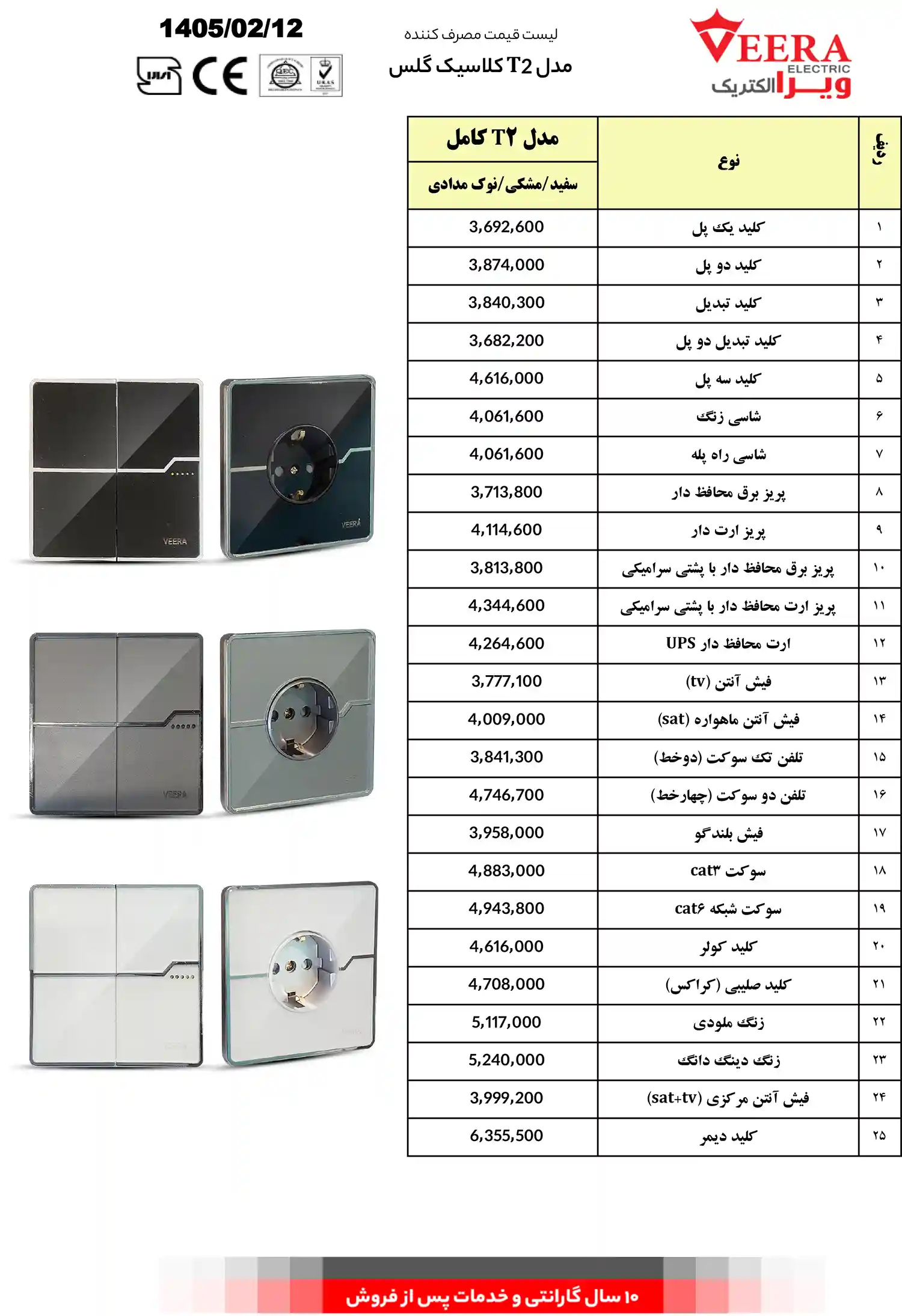 لیست قیمت کلید پریز ویرا