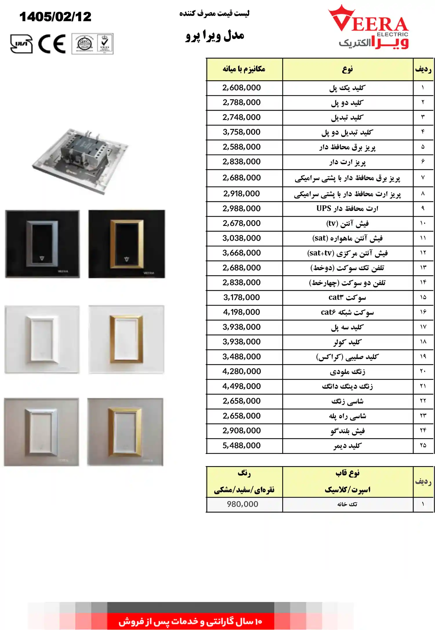 لیست قیمت کلید پریز ویرا
