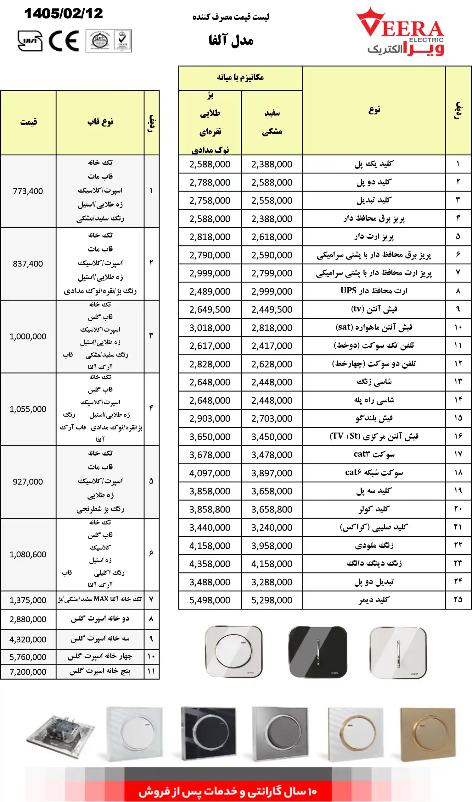 لیست قیمت کلید پریز ویرا