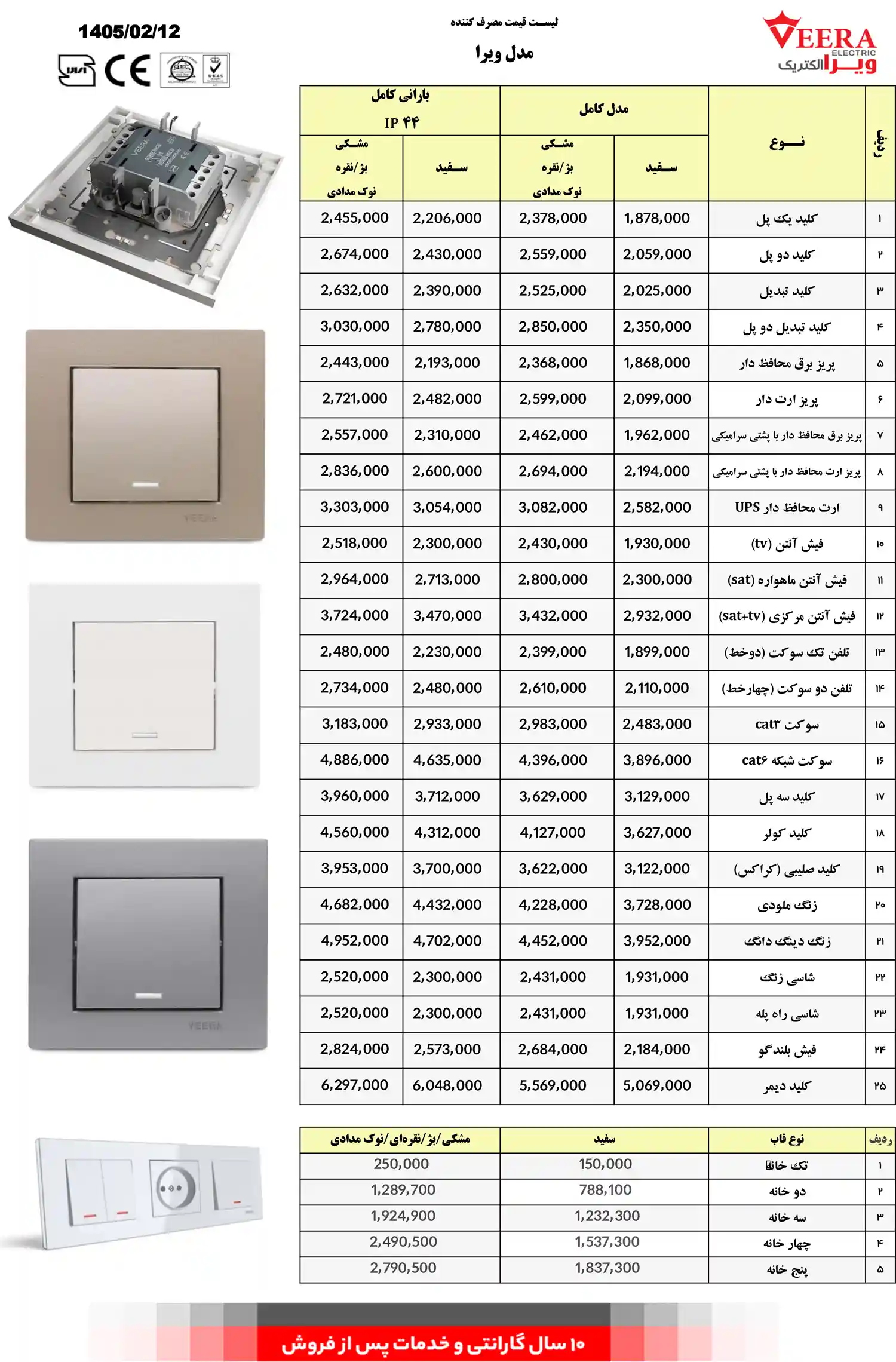 لیست قیمت کلید پریز ویرا