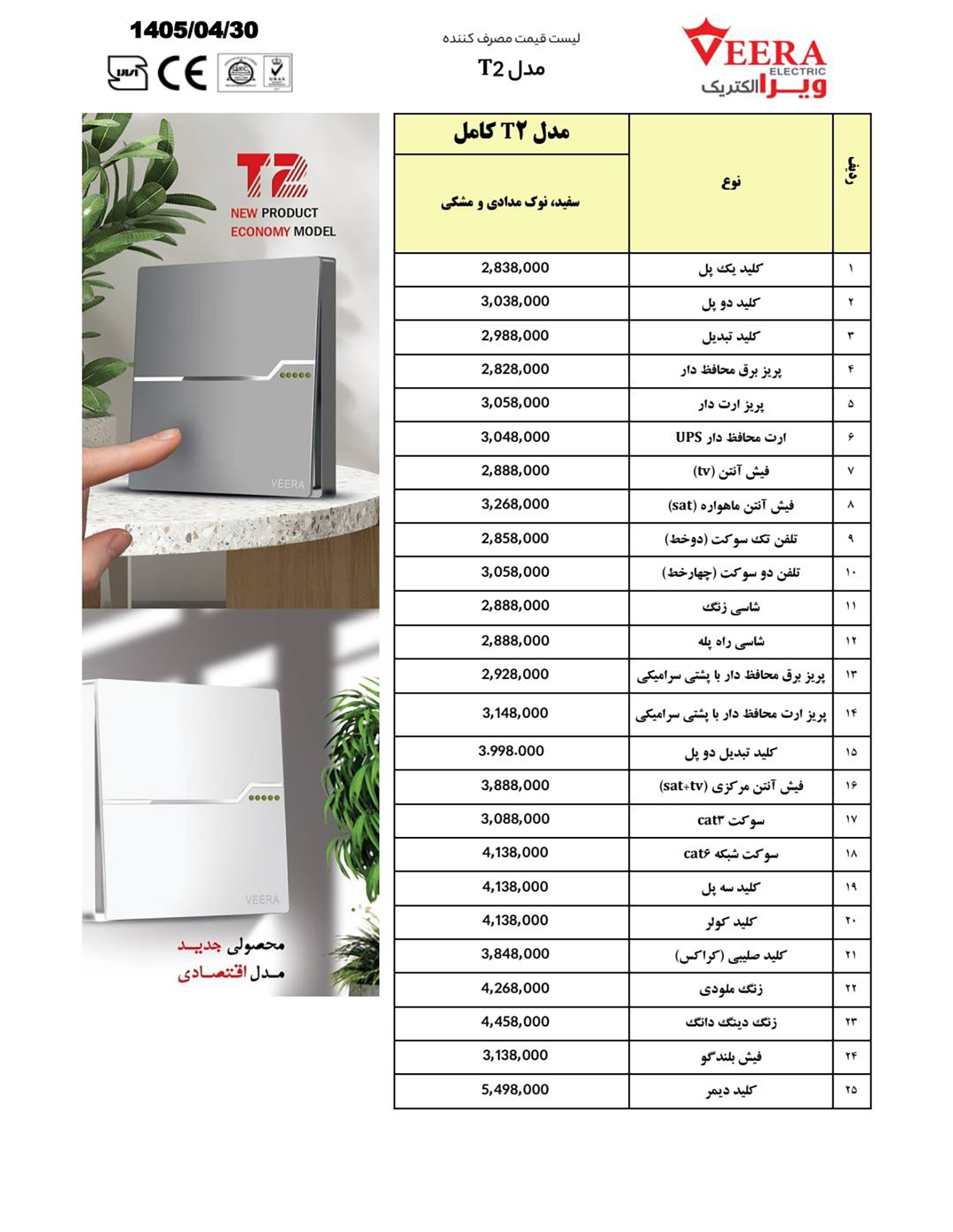 لیست قیمت ویرا الکتریک 5 مرداد 1405