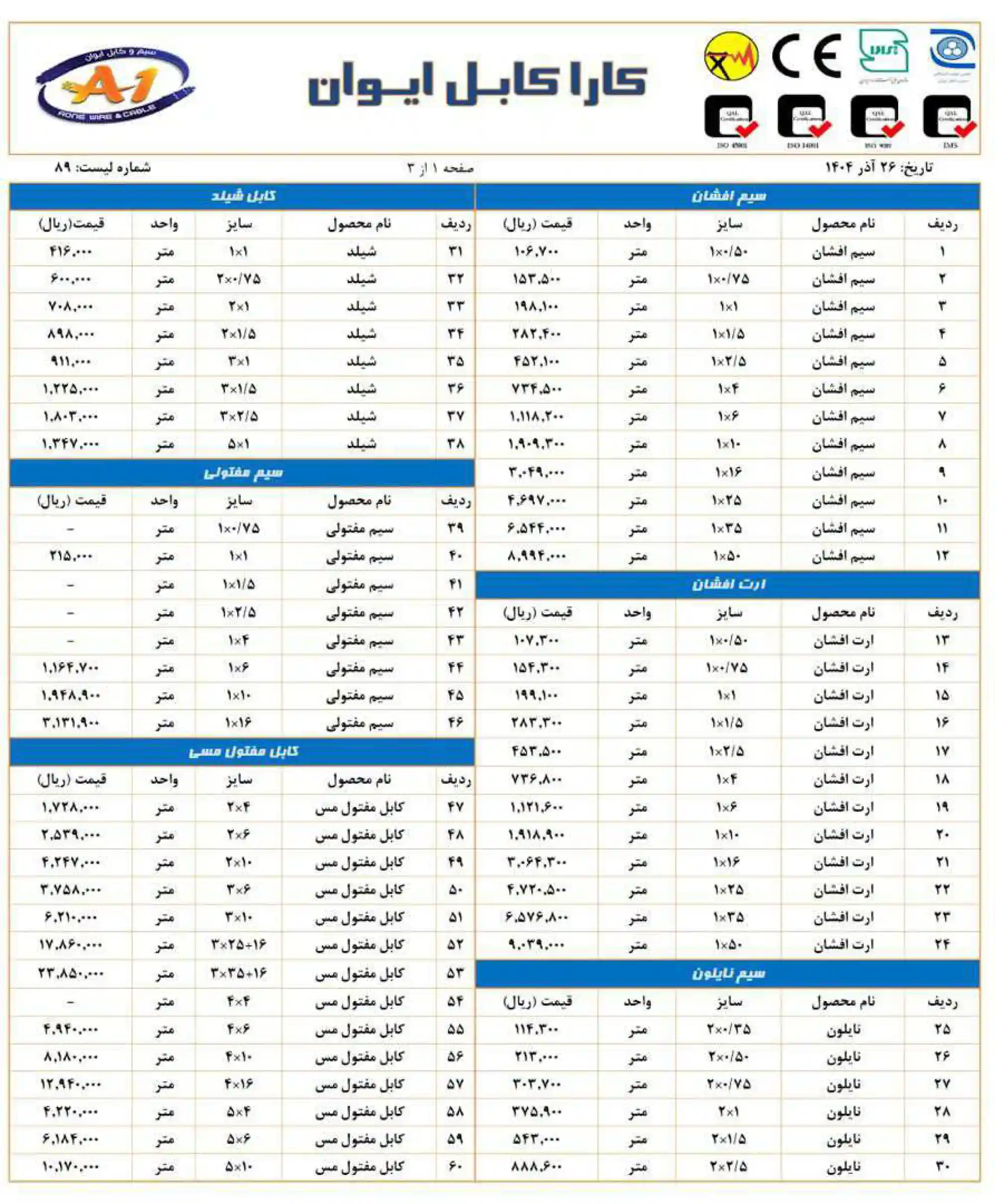 لیست قیمت سیم و کابل ایوان-آذر ماه