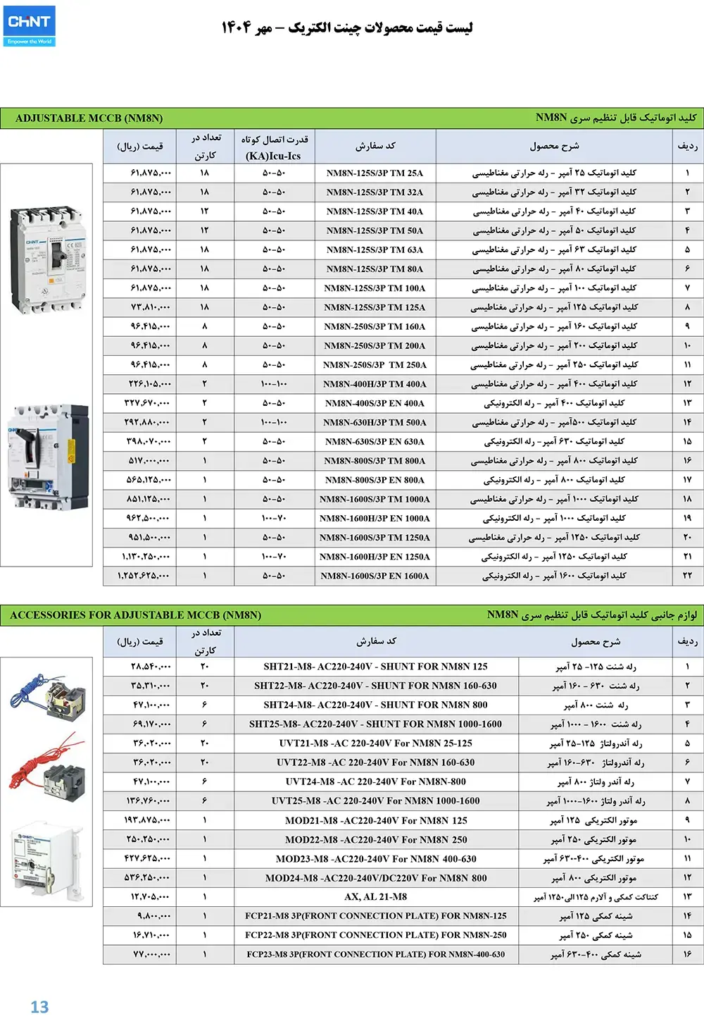لیست قیمت محصولات چانت