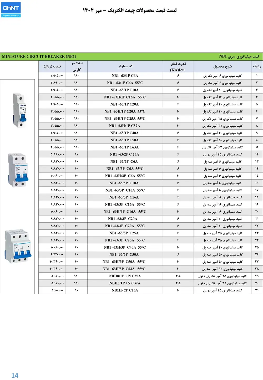 لیست قیمت کلید مینیاتوری چینت