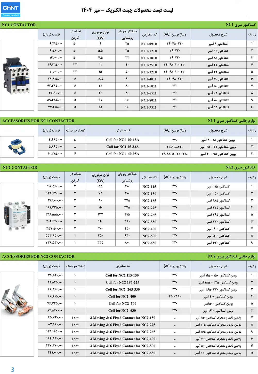 لیست قیمت کنتاکتور nc۱-۲ چینت
