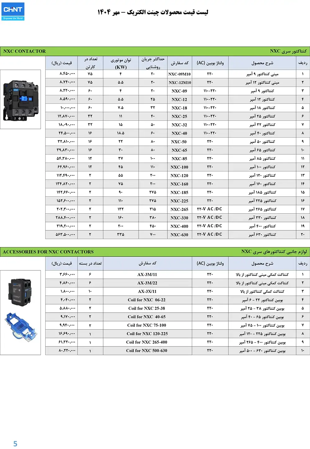 لیست قیمت کنتاکتور nxc چینت