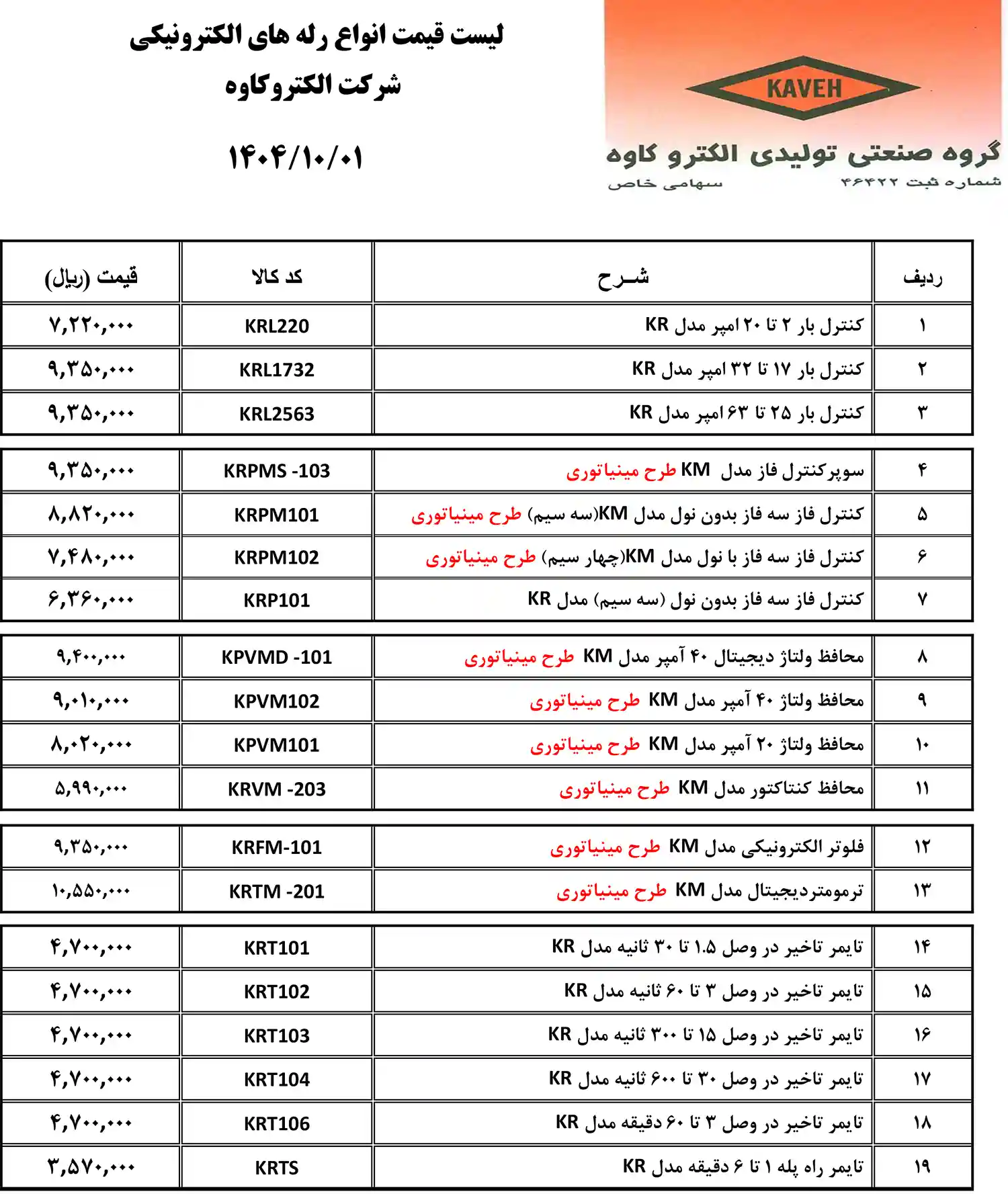 Electro Kaveh price list December 15