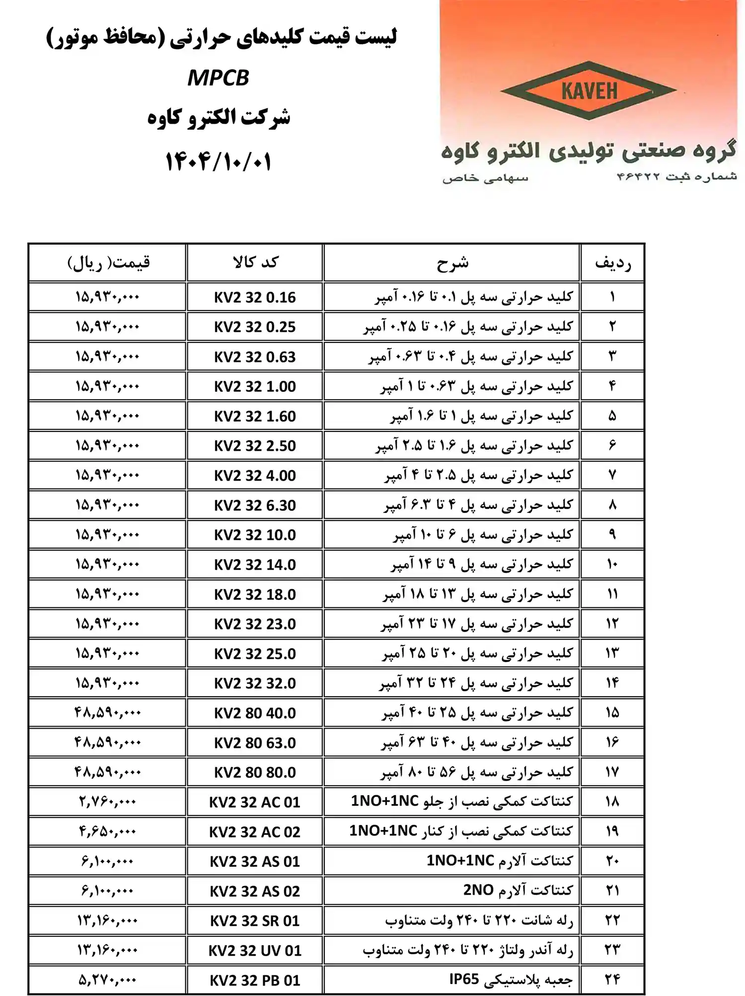 Electro Kaveh price list December 17