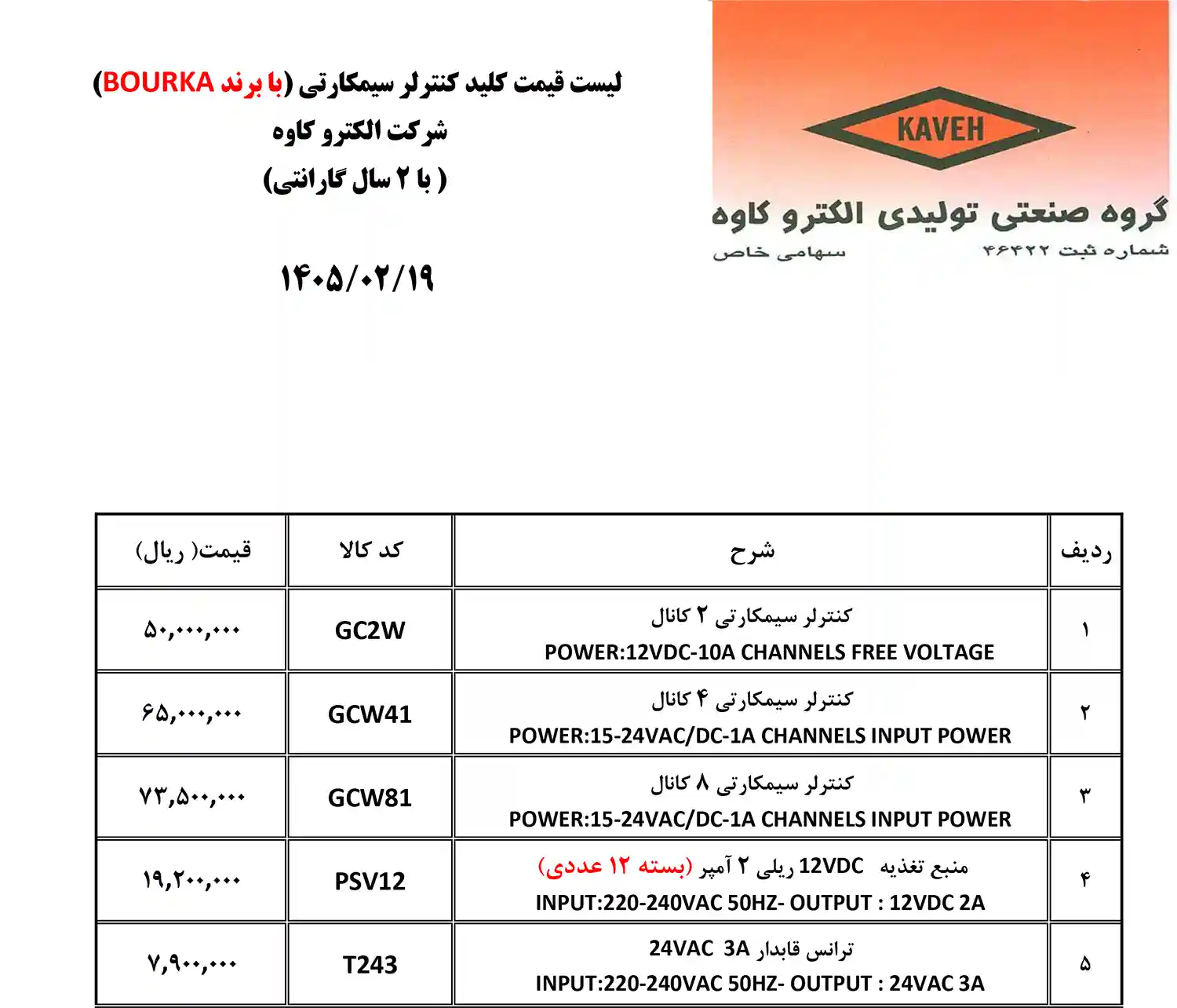 لیست قیمت الکترو کاوه