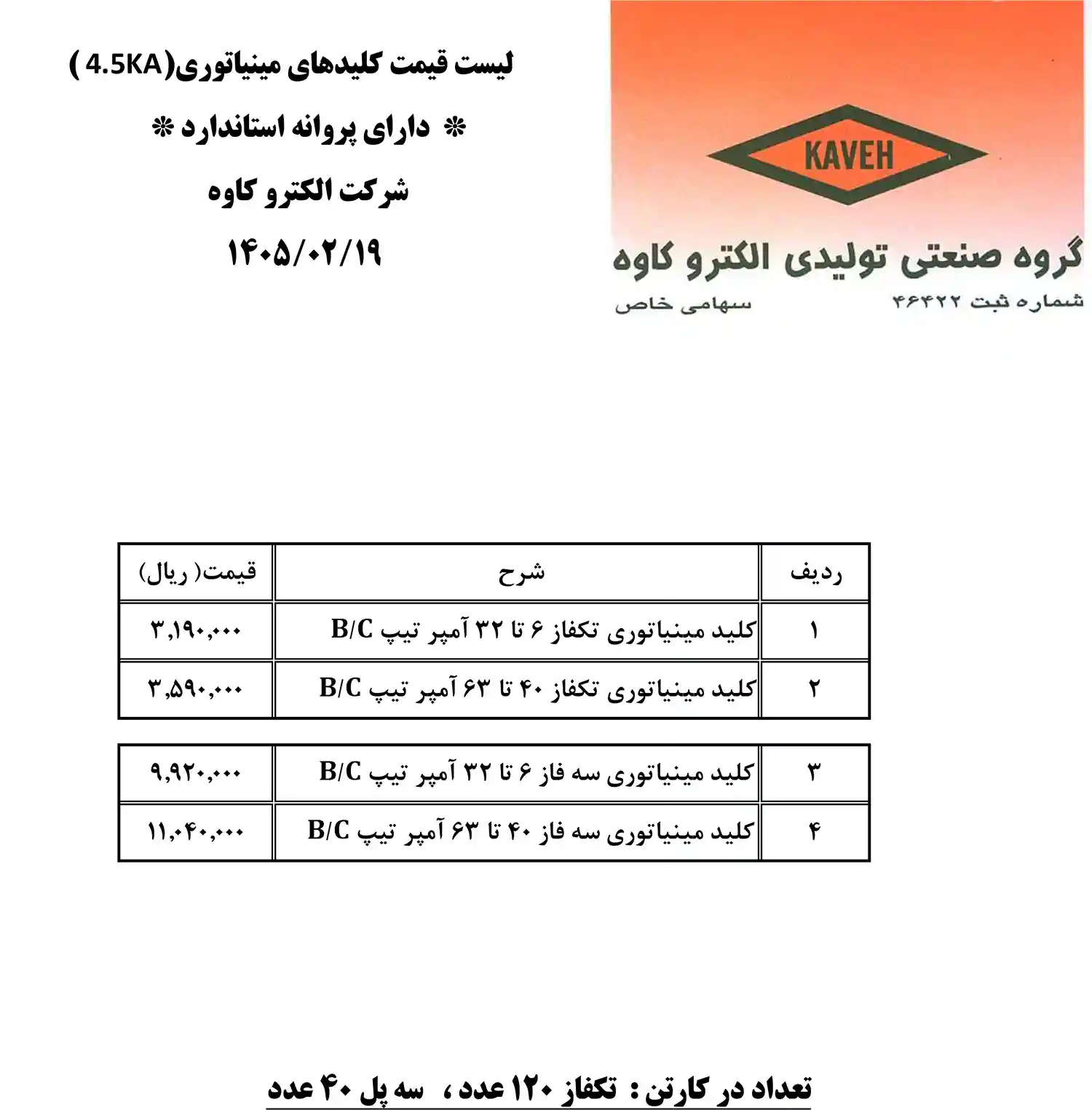 لیست قیمت الکترو کاوه