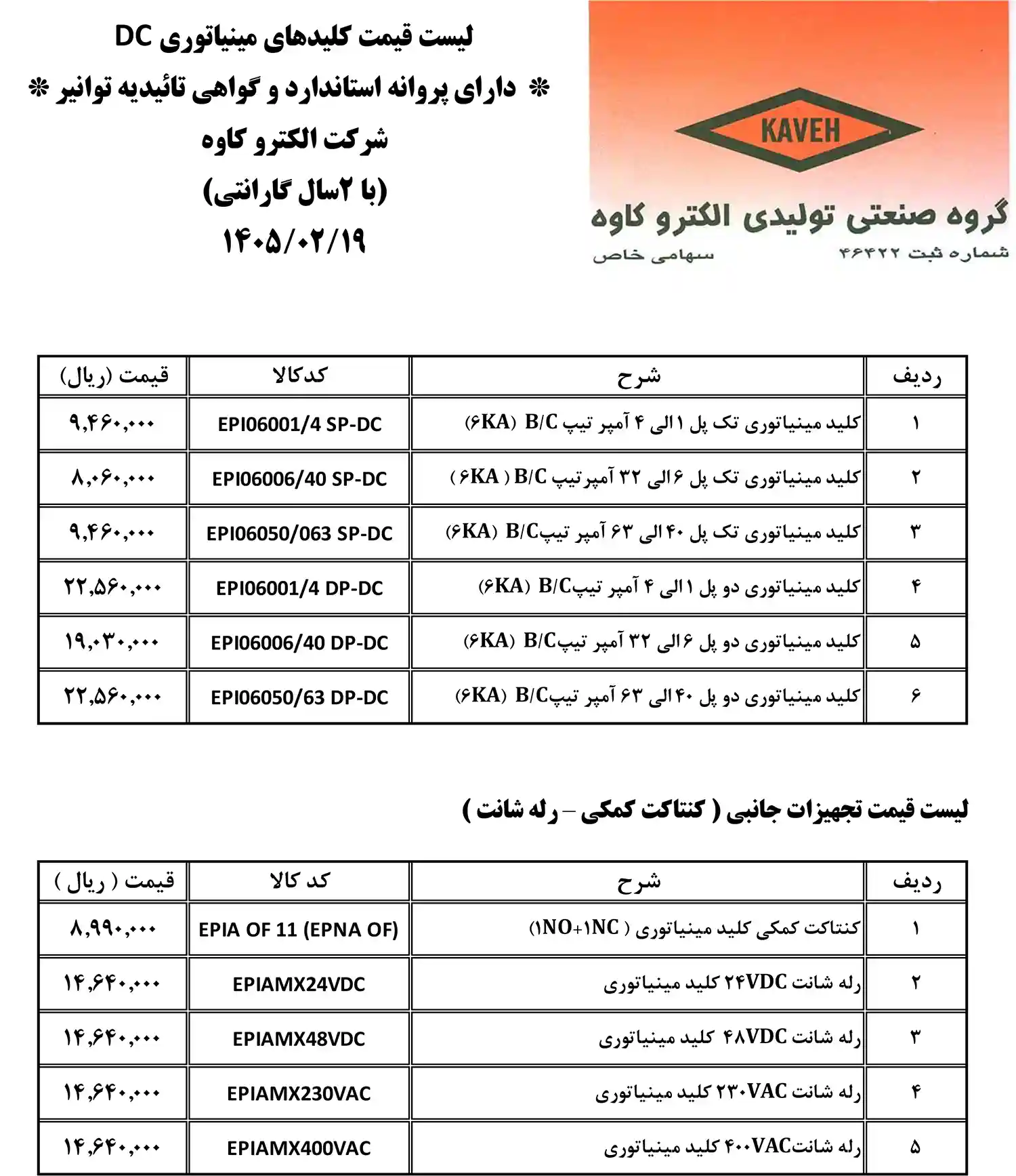 لیست قیمت الکترو کاوه