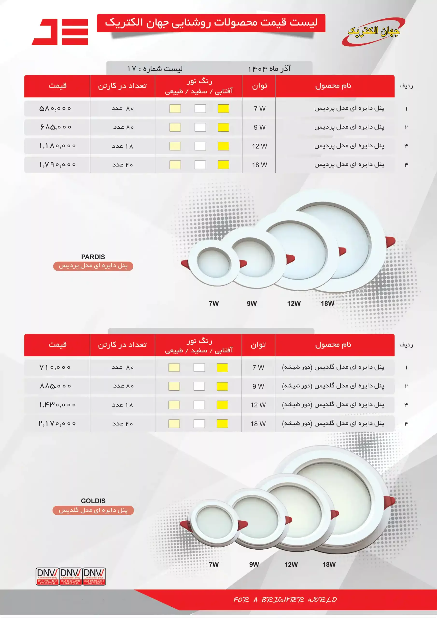 لیست قیمت محصولات روشنایی جهان الکتریک-آذر ماه
