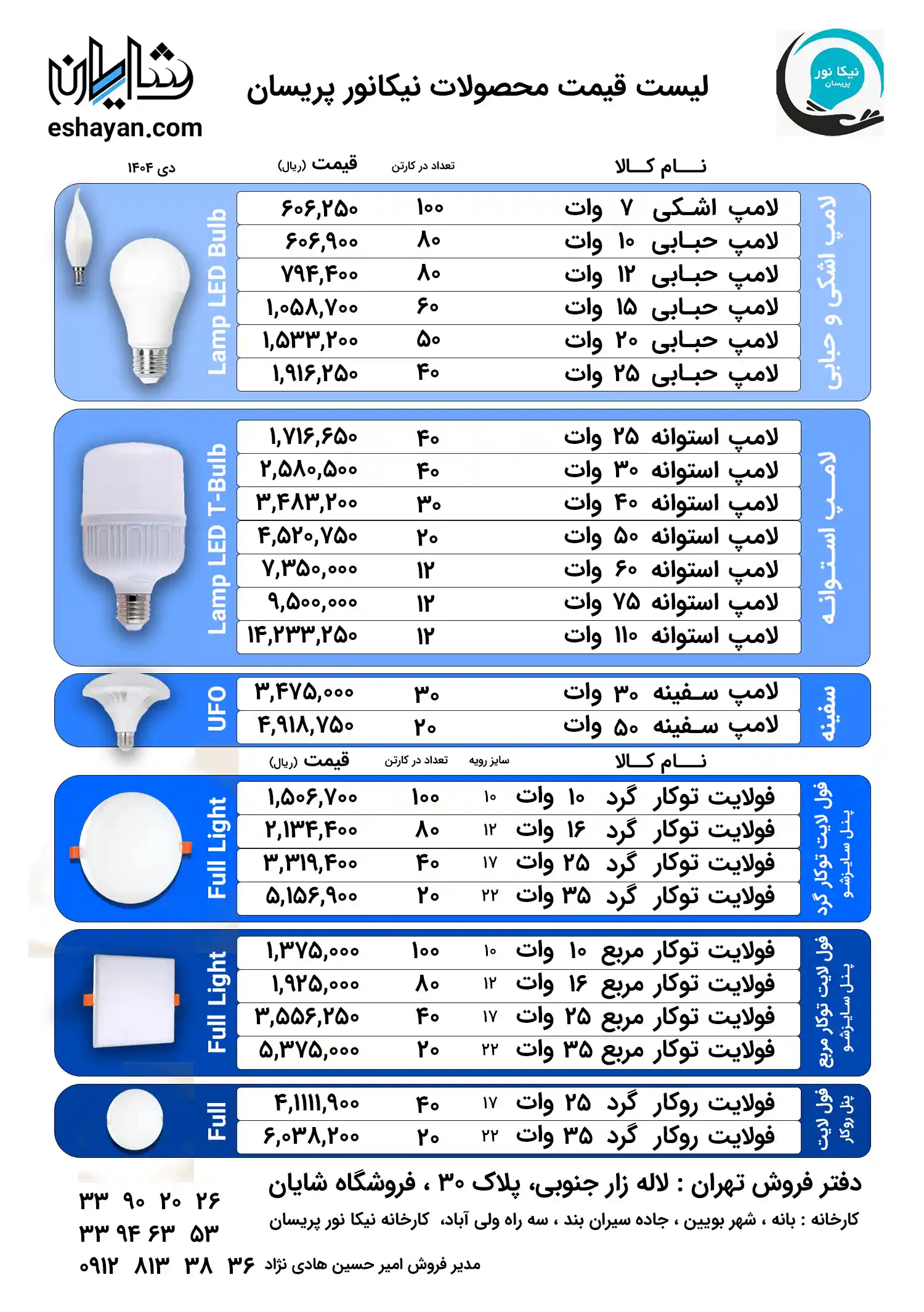 لیست قیمت محصولات نیکانور پریسان-آذر ۱۴۰۴