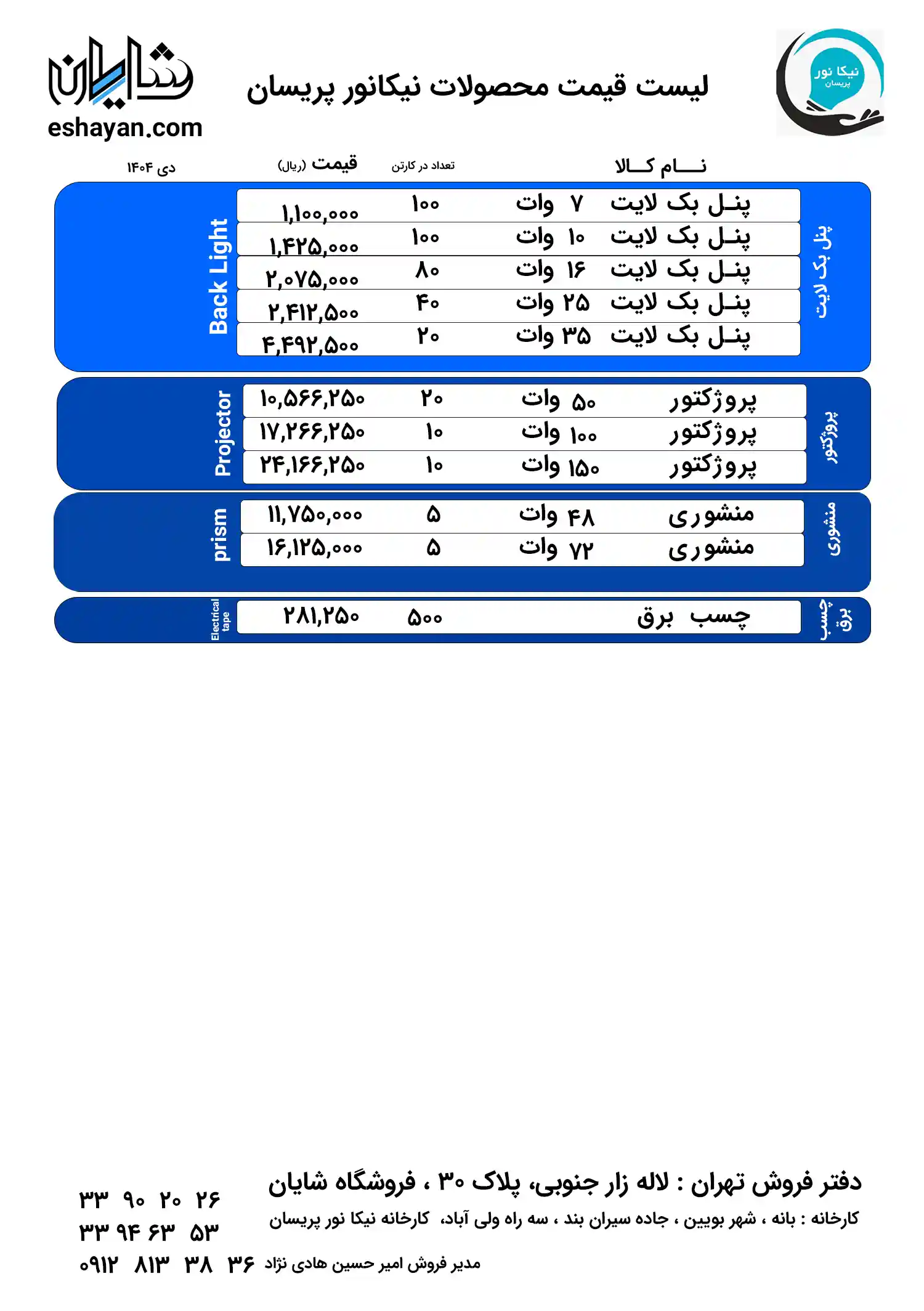 لیست قیمت محصولات نیکانور-آذر ۱۴۰۴