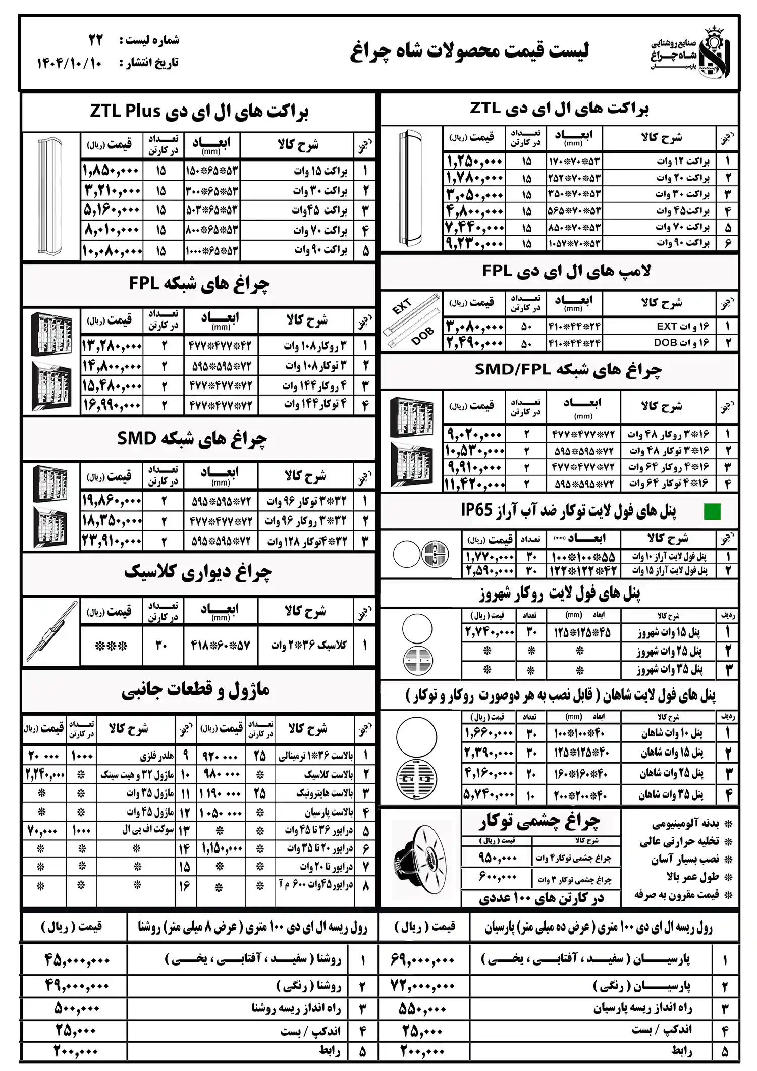 Shahcheragh Parsian products price list January1