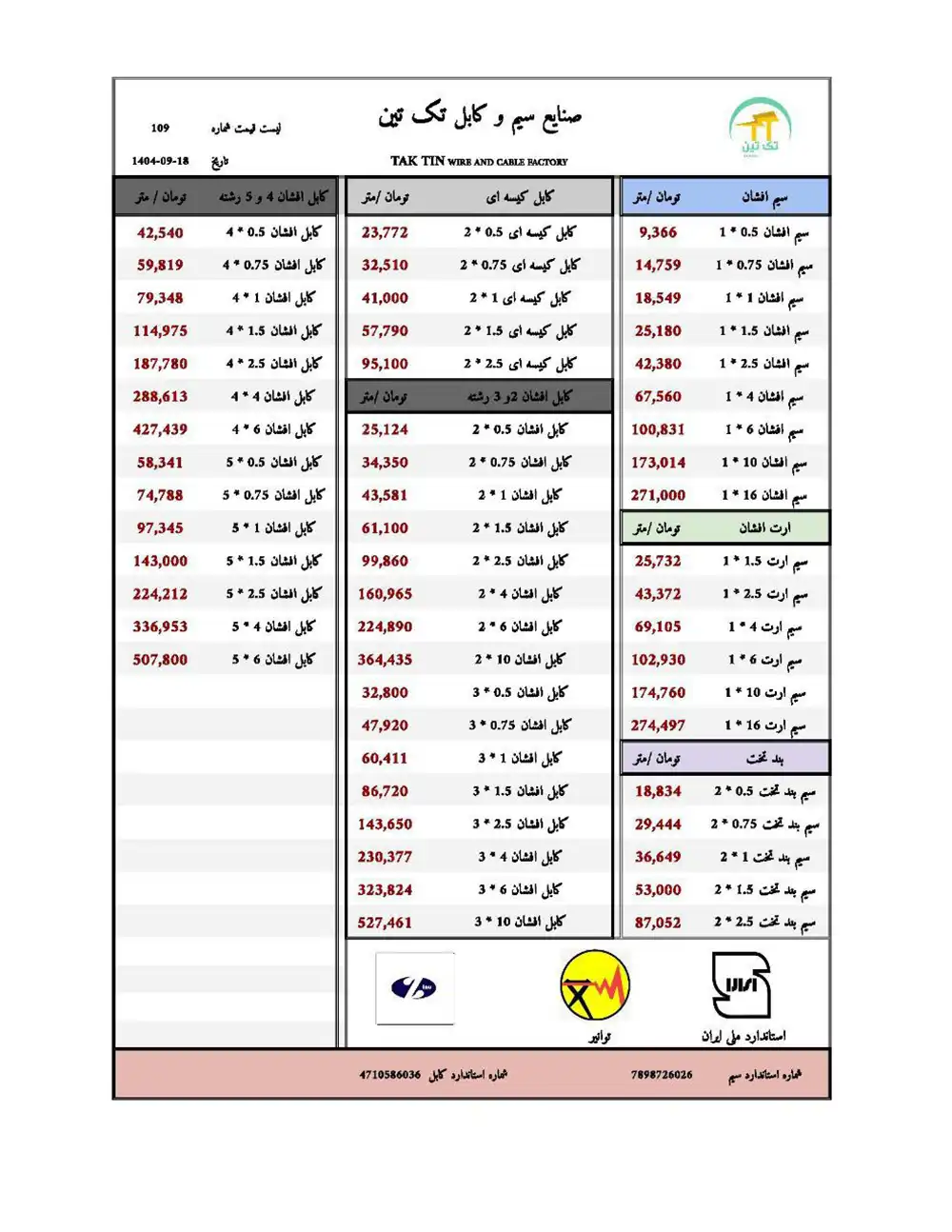 لیست قیمت تک تین -آذر ماه