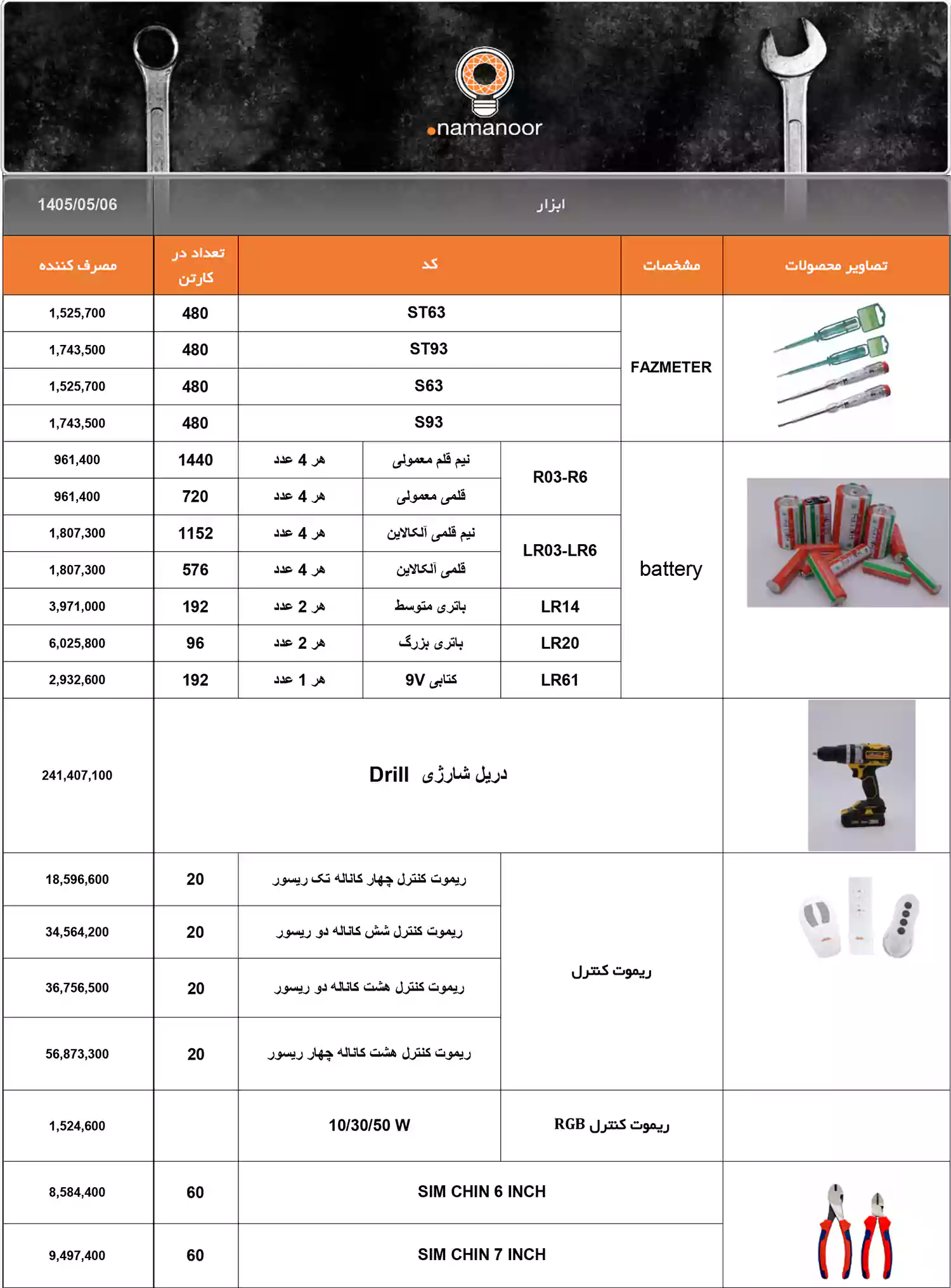 لیست قیمت محصولات نمانور