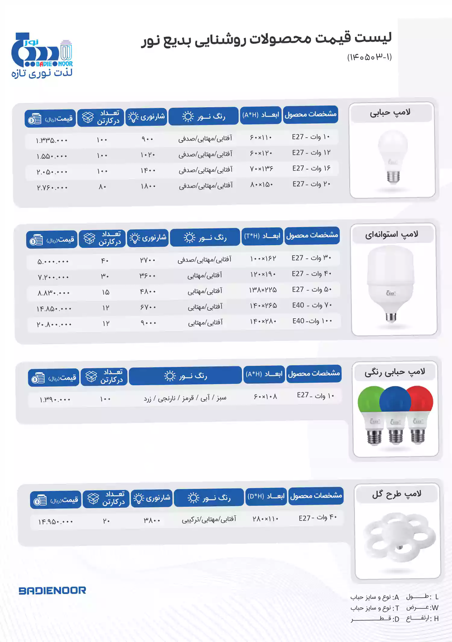 لیست قیمت بدیع نور
