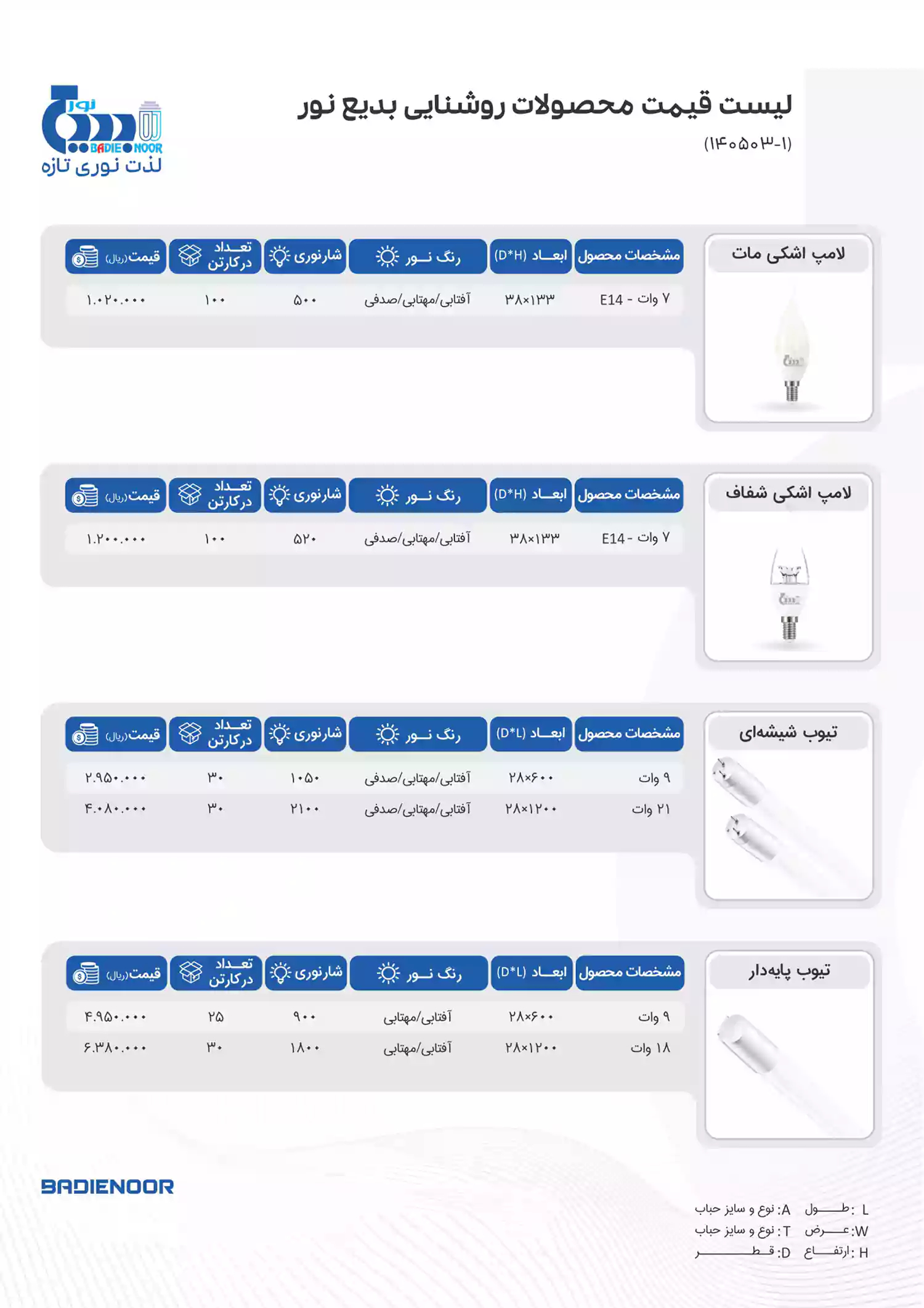 لیست قیمت بدیع نور
