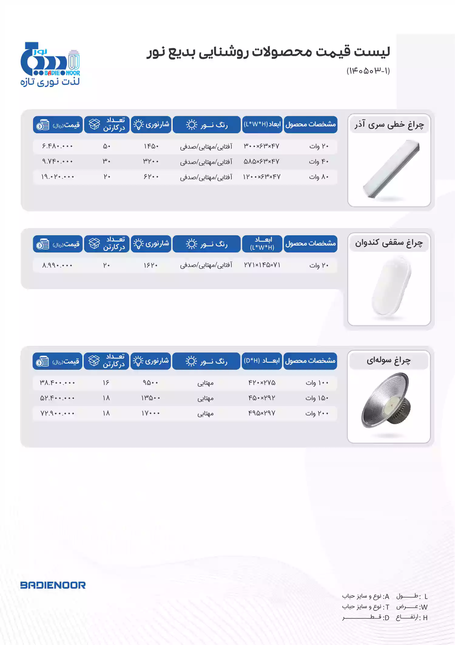 لیست قیمت بدیع نور