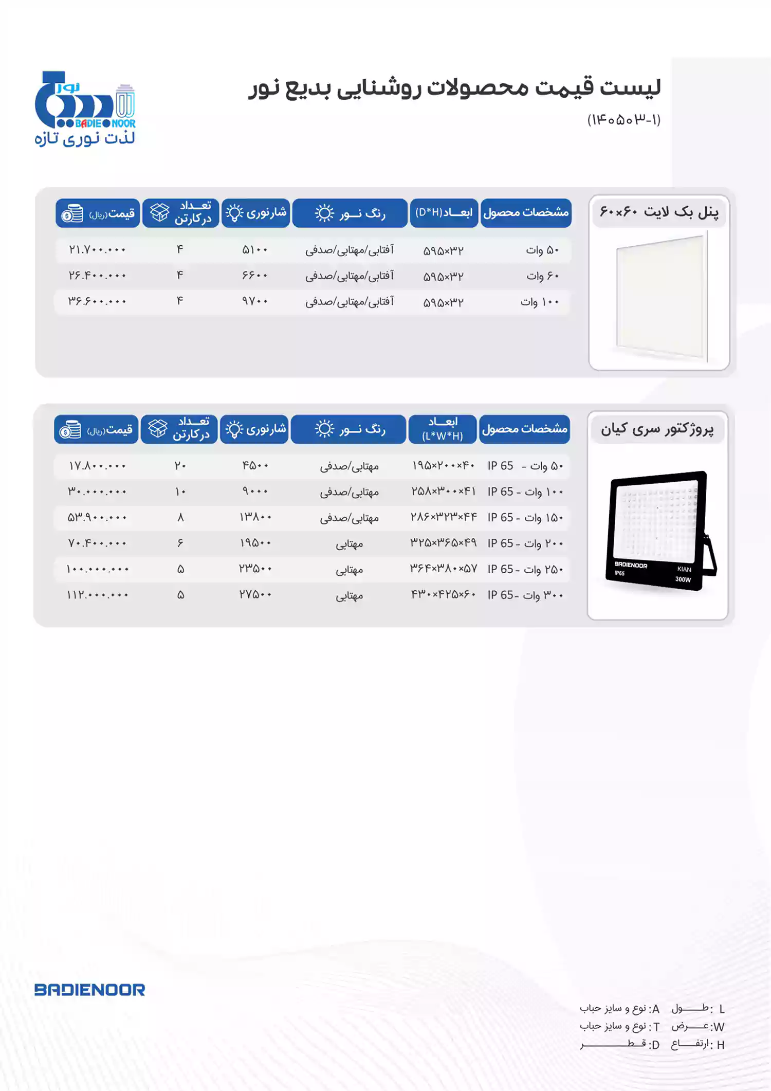 لیست قیمت بدیع نور
