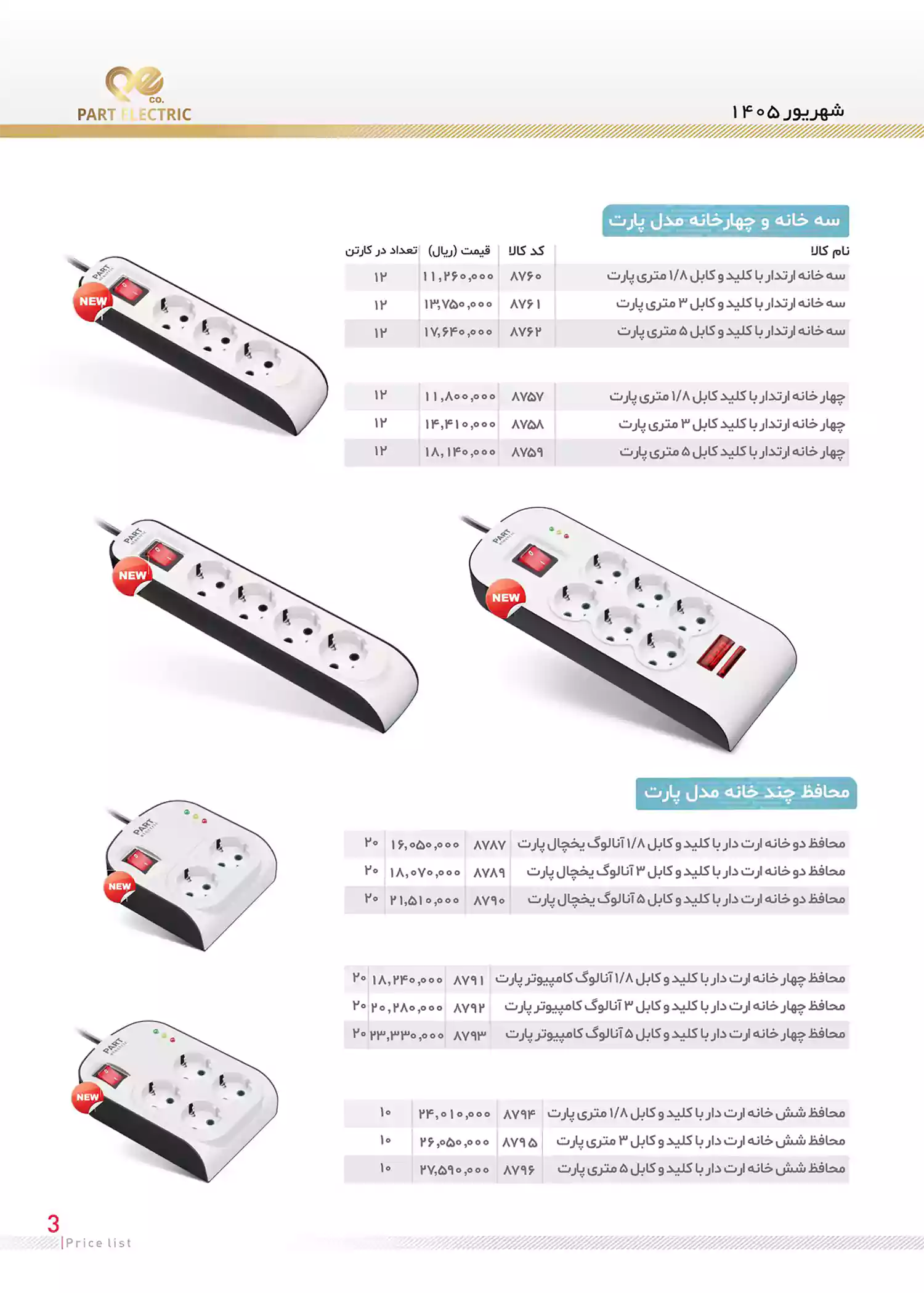 لیست قیمت محصولات پارت الکتریک