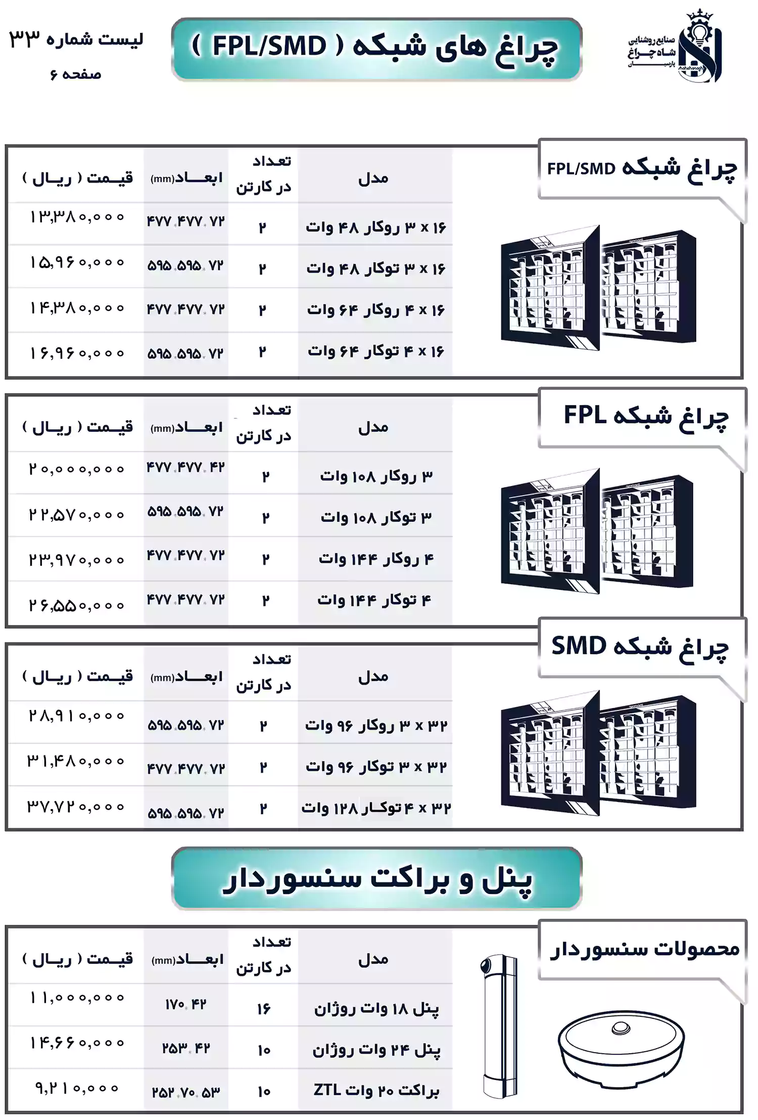 لیست قیمت محصولات شاهچراغ