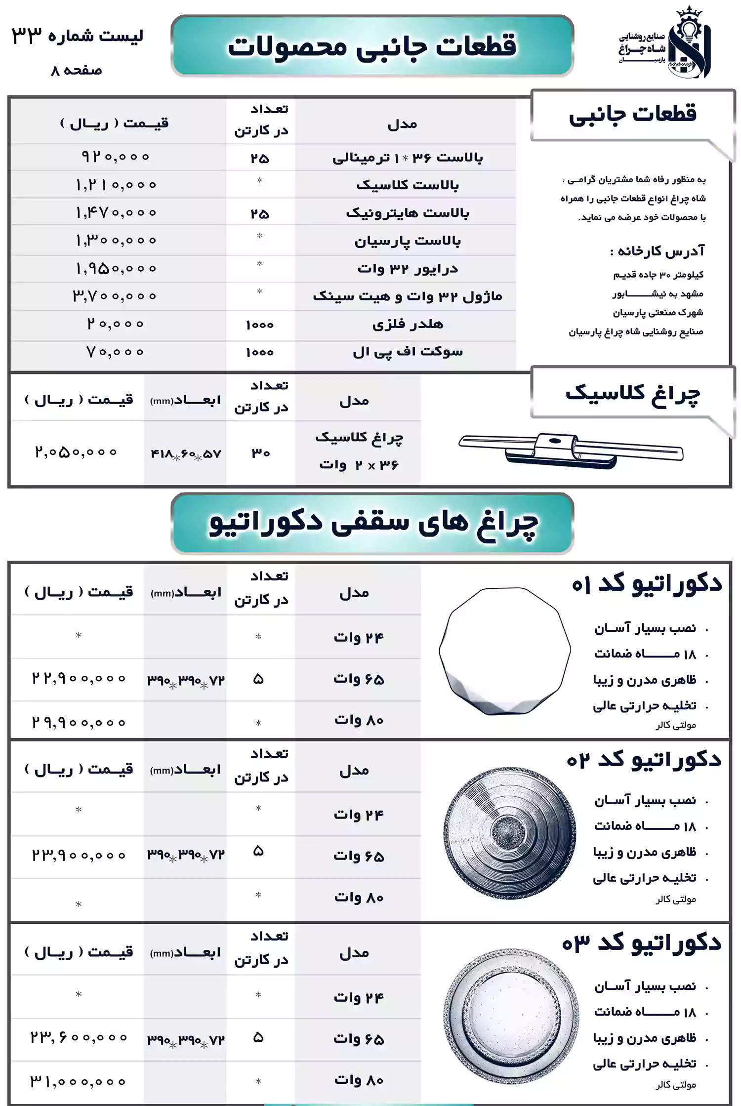 لیست قیمت محصولات شاهچراغ